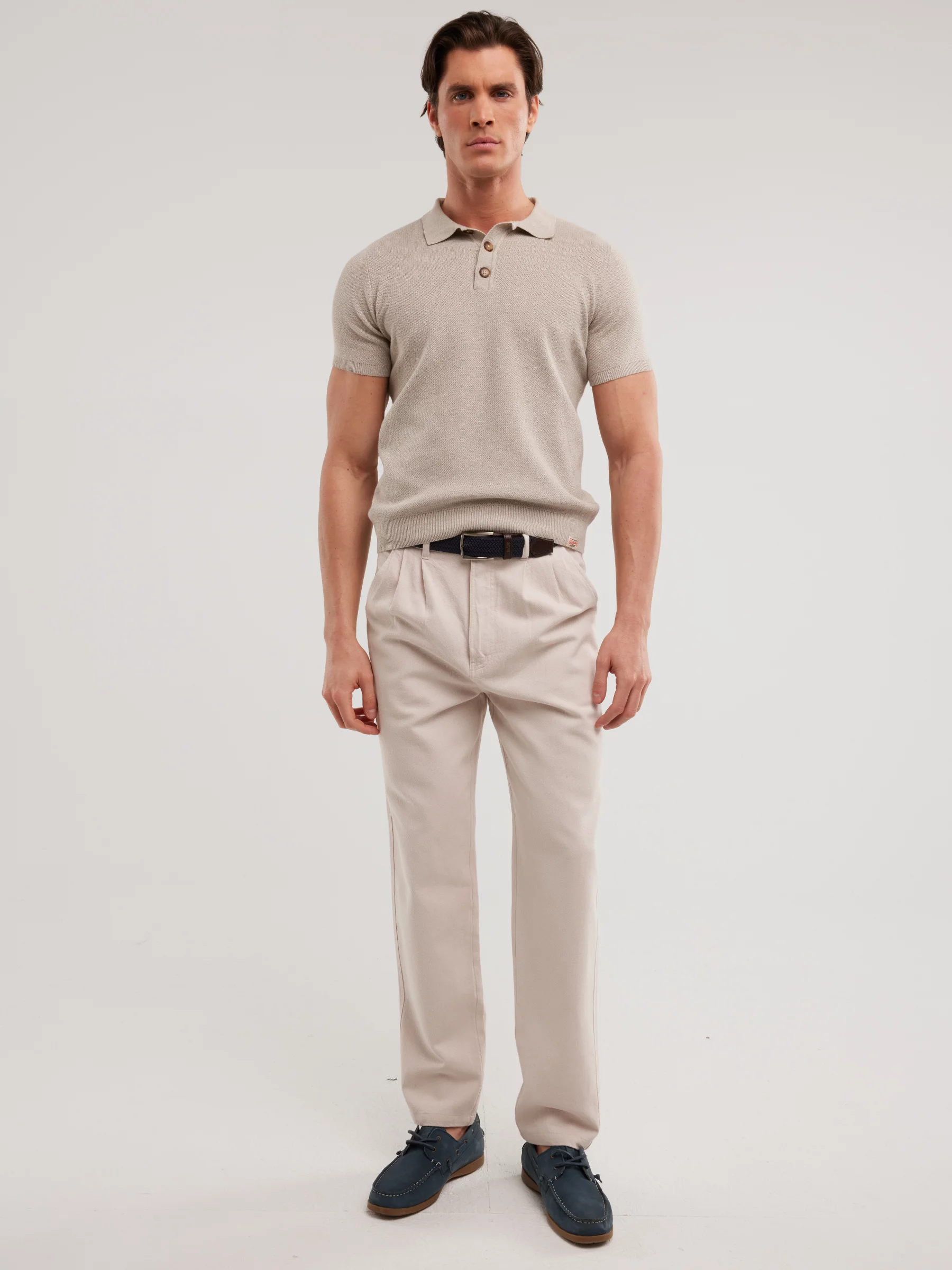 Sweter męski polo z krótkim rękawem beżowy Polonezzo 801