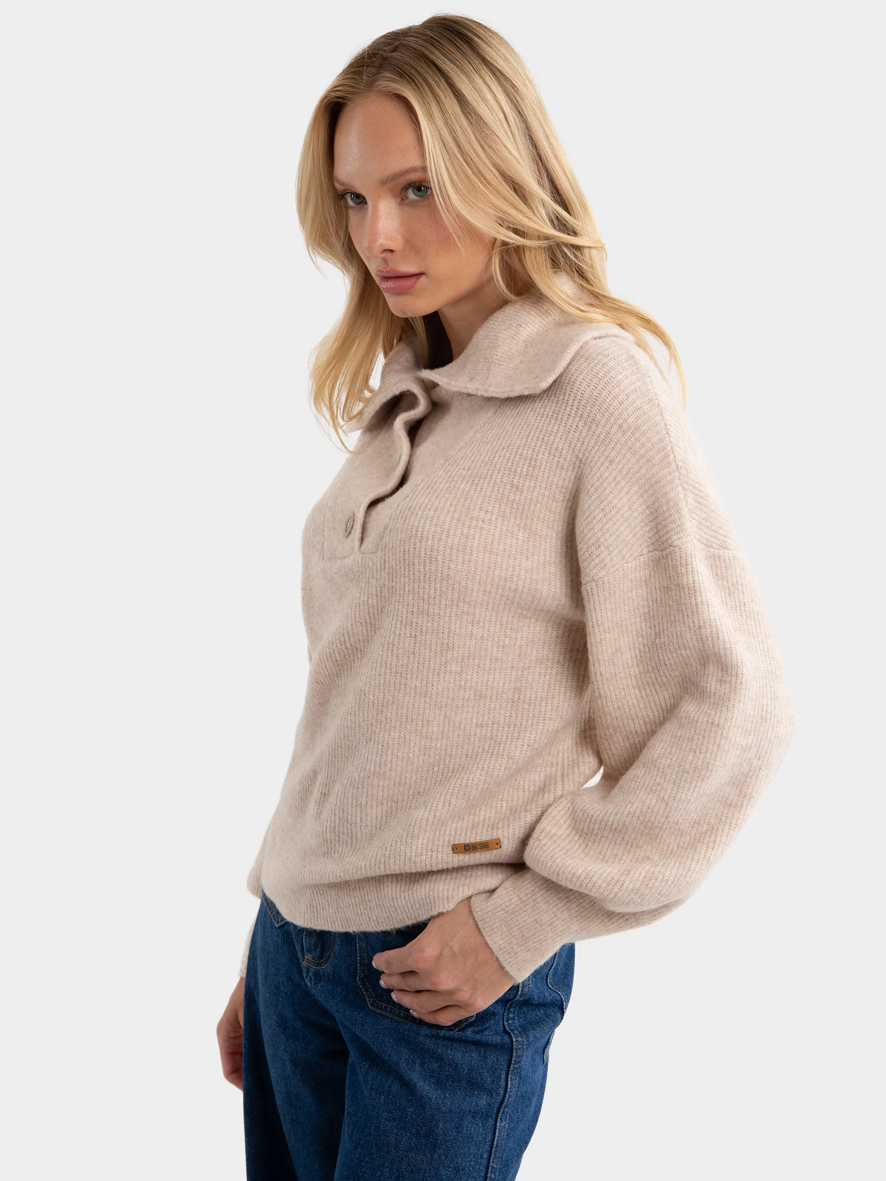 Sweter damski z rozpinanym golfem beżowy Pulina 801