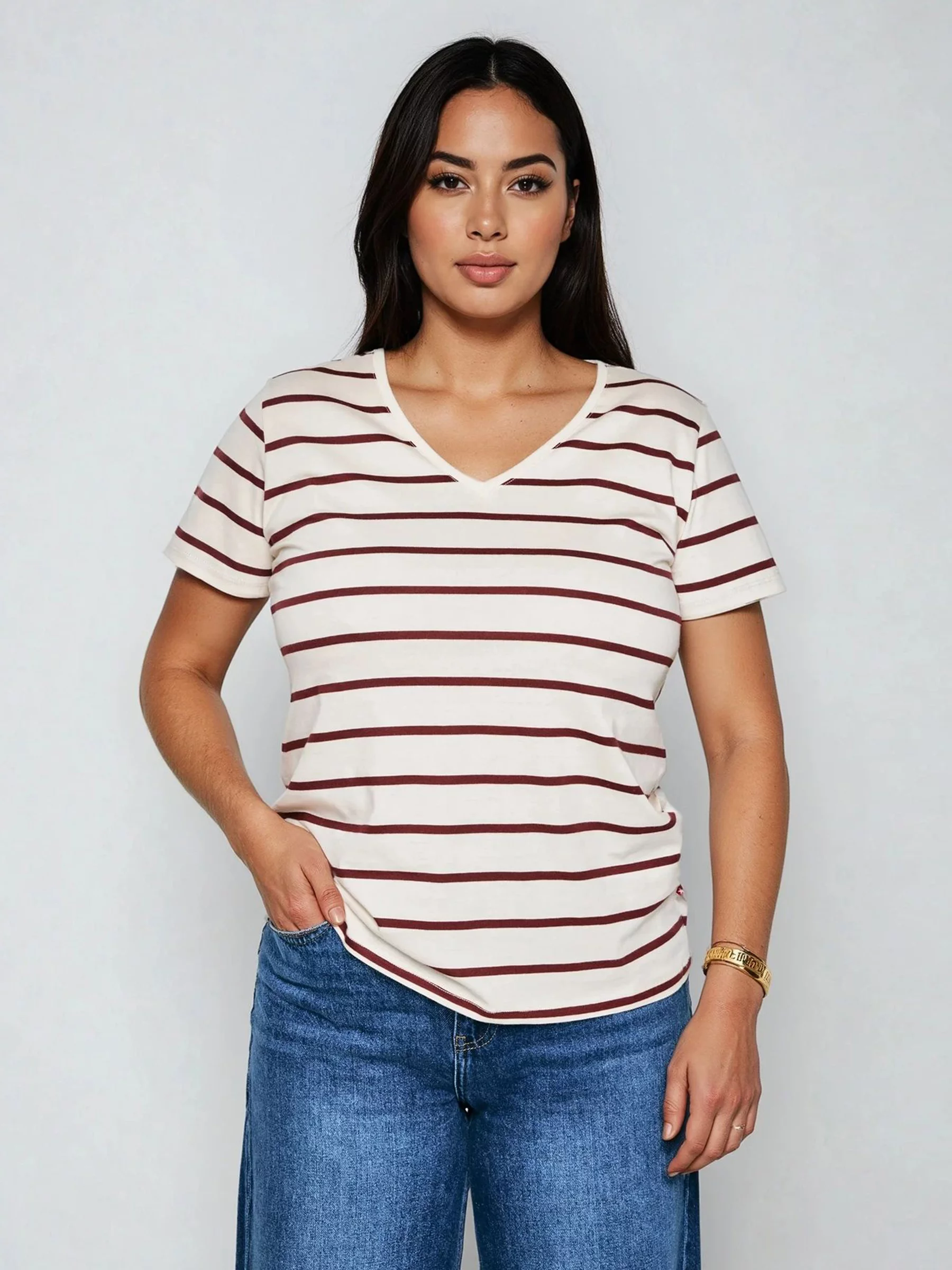 Koszulka damska z dekoltem v-neck w paski kremowa Retina 103