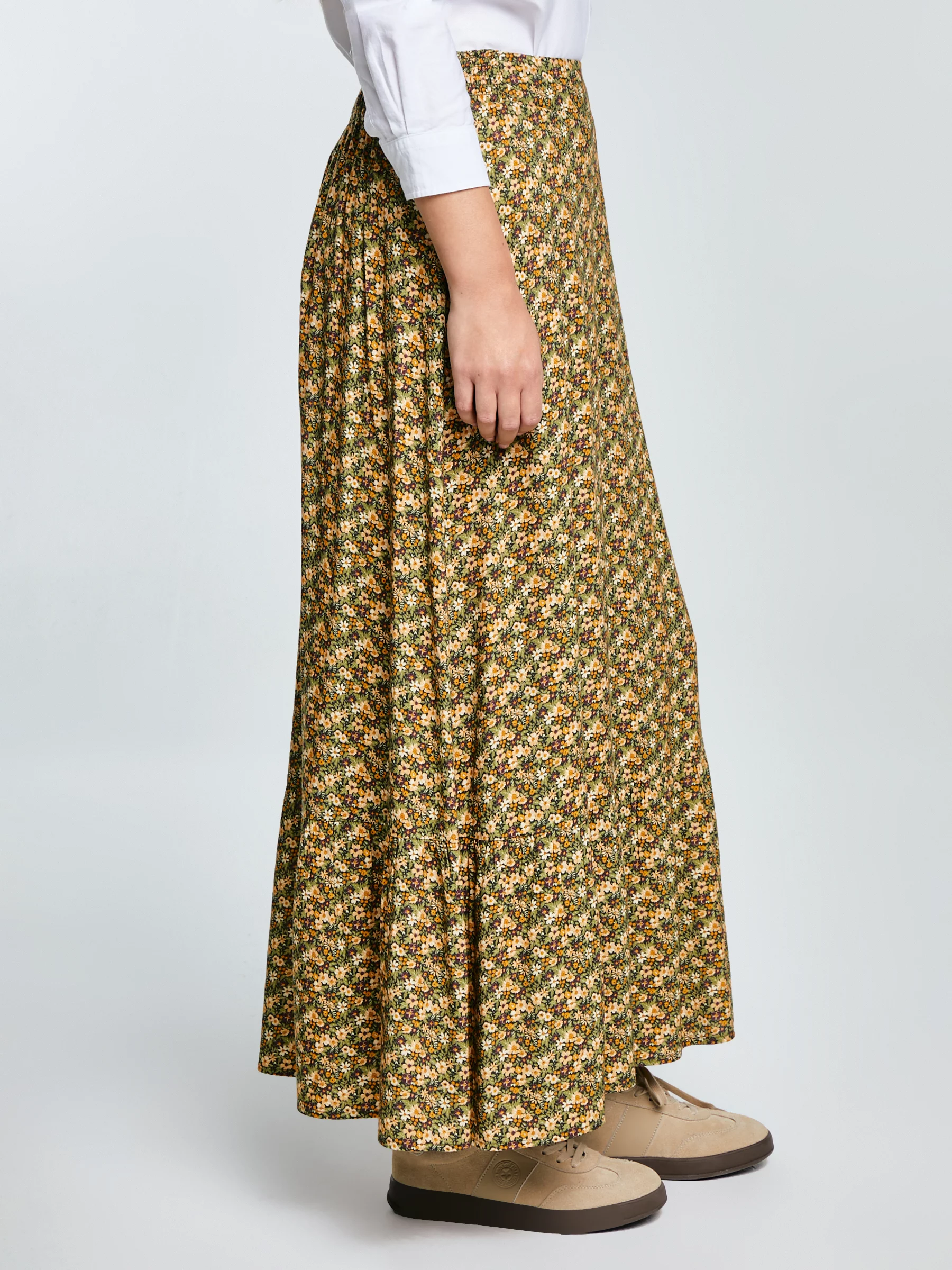 Spódnica damska midi z wiskozy z motywem kwiatowym żółta Inger 201