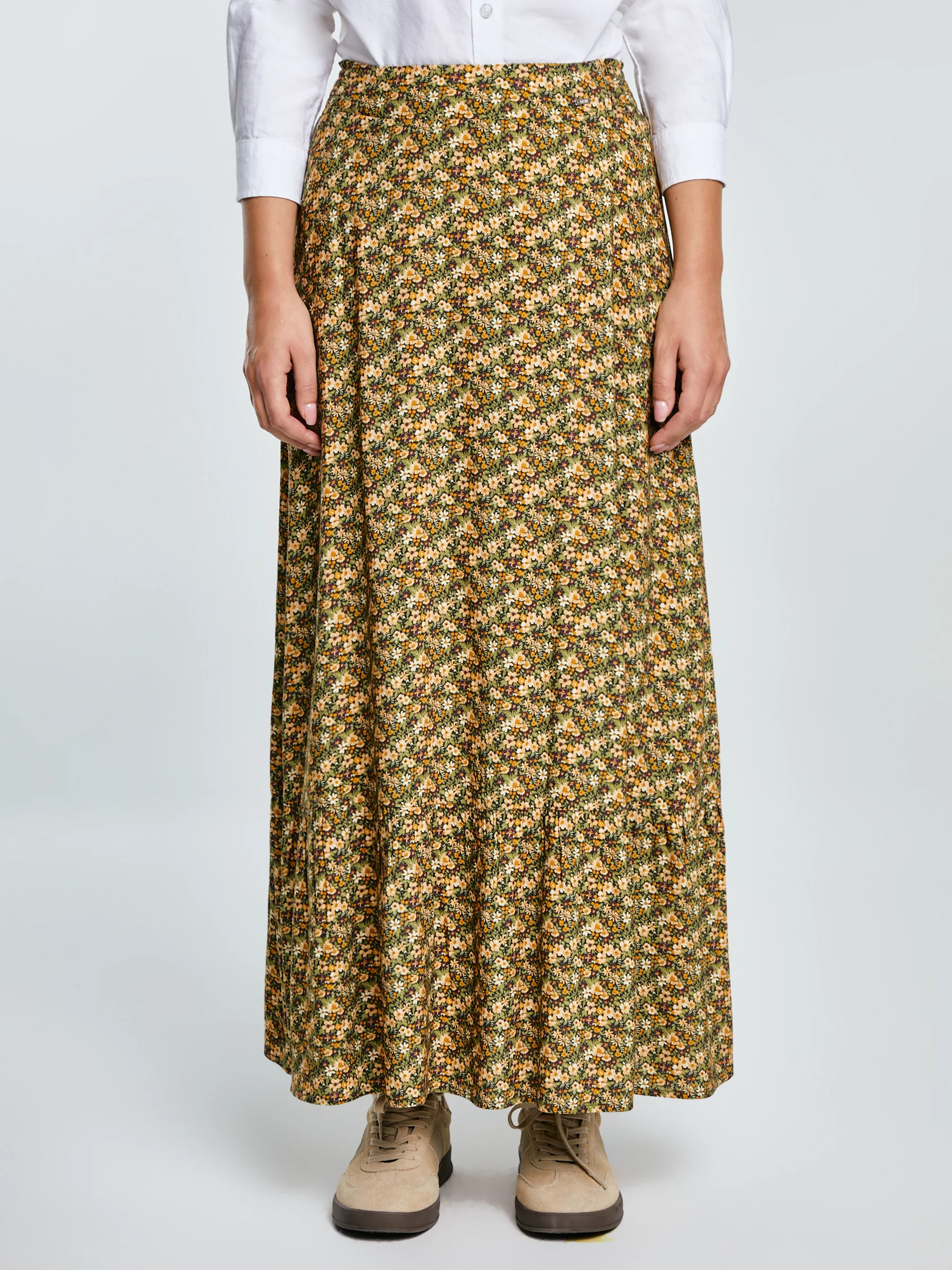 Spódnica damska midi z wiskozy z motywem kwiatowym żółta Inger 201