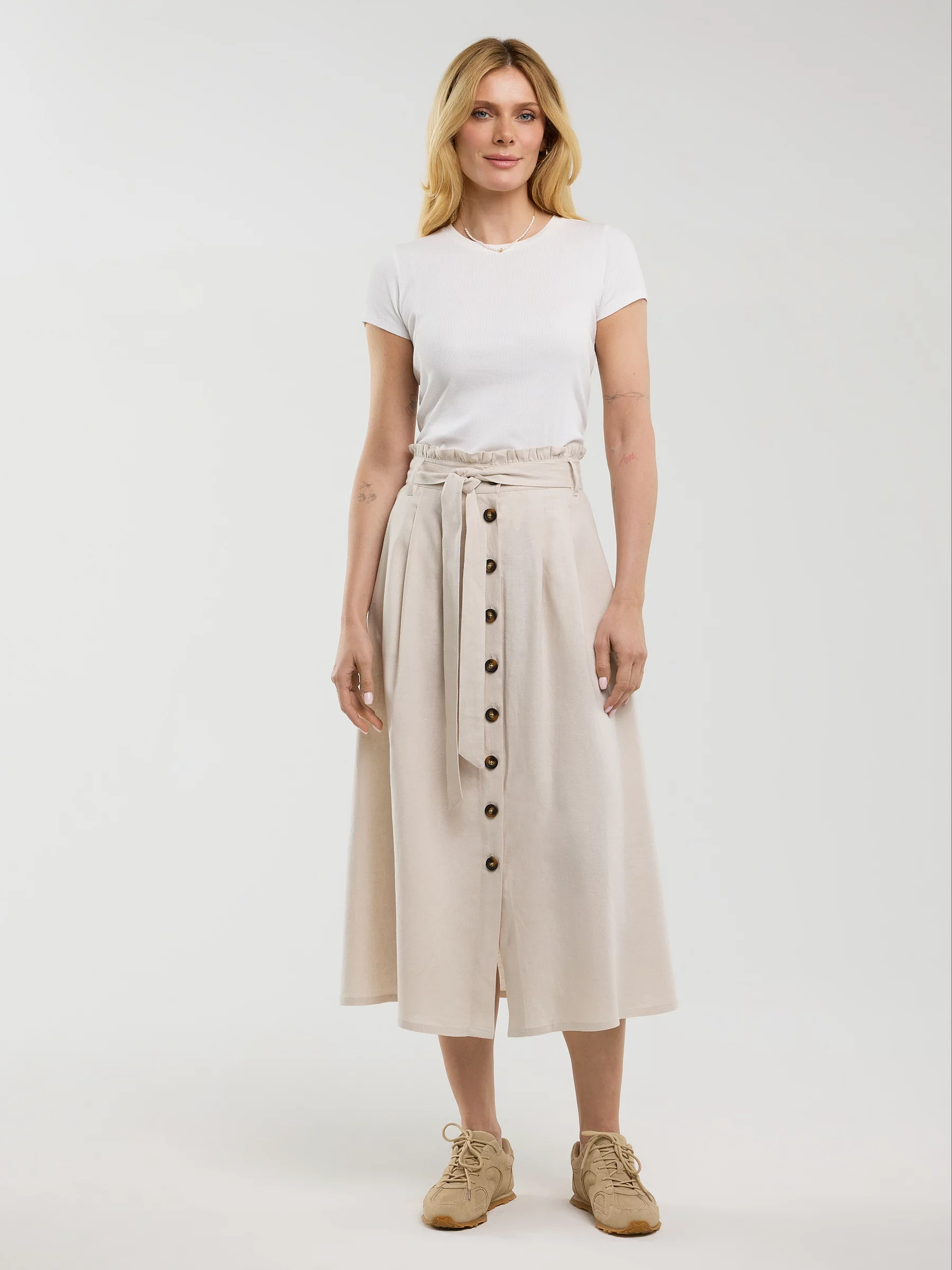 Spódnica damska midi lniana z ozdobnymi guzikami beżowa Cosmo 800