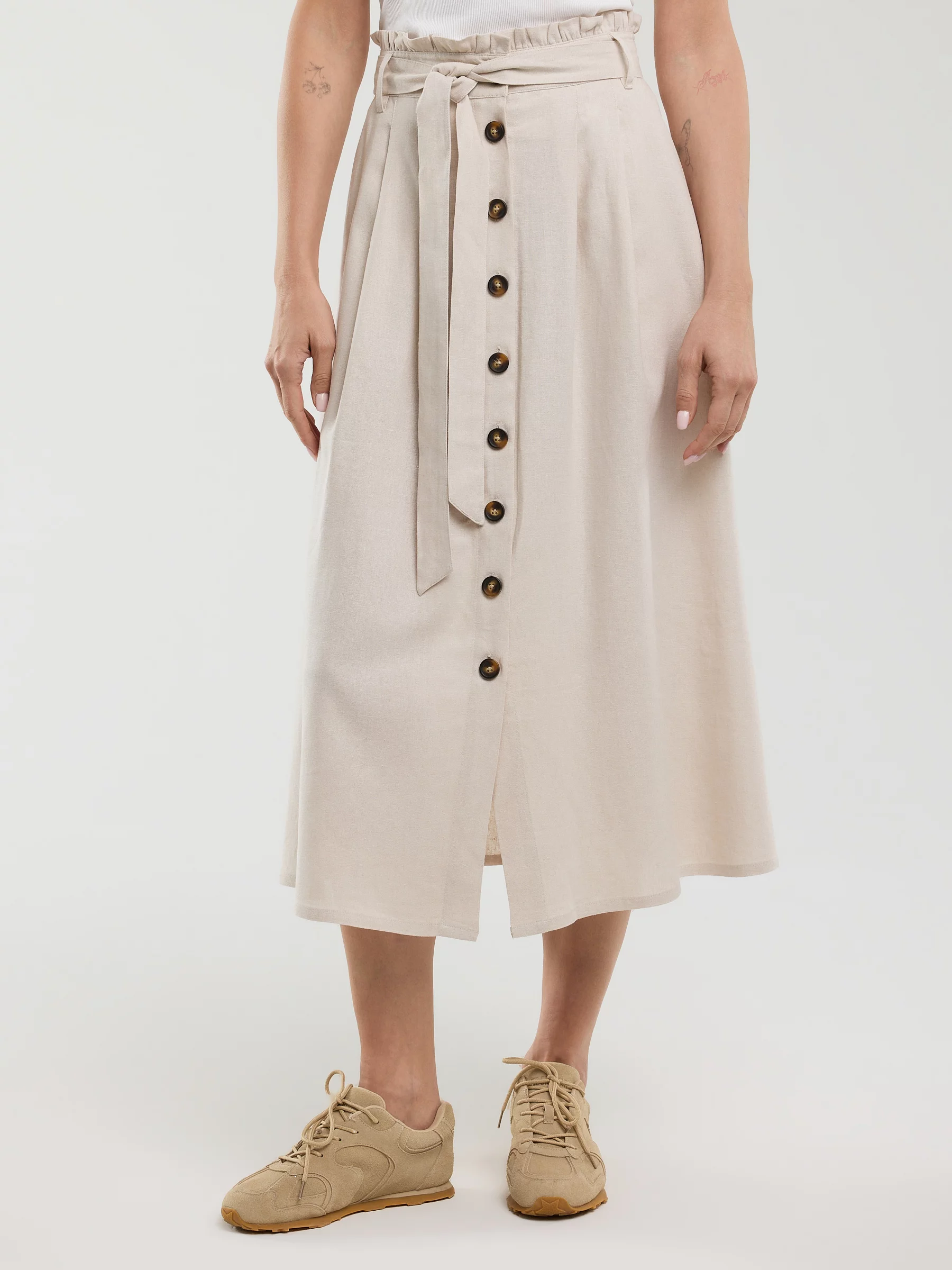 Spódnica damska midi lniana z ozdobnymi guzikami beżowa Cosmo 800