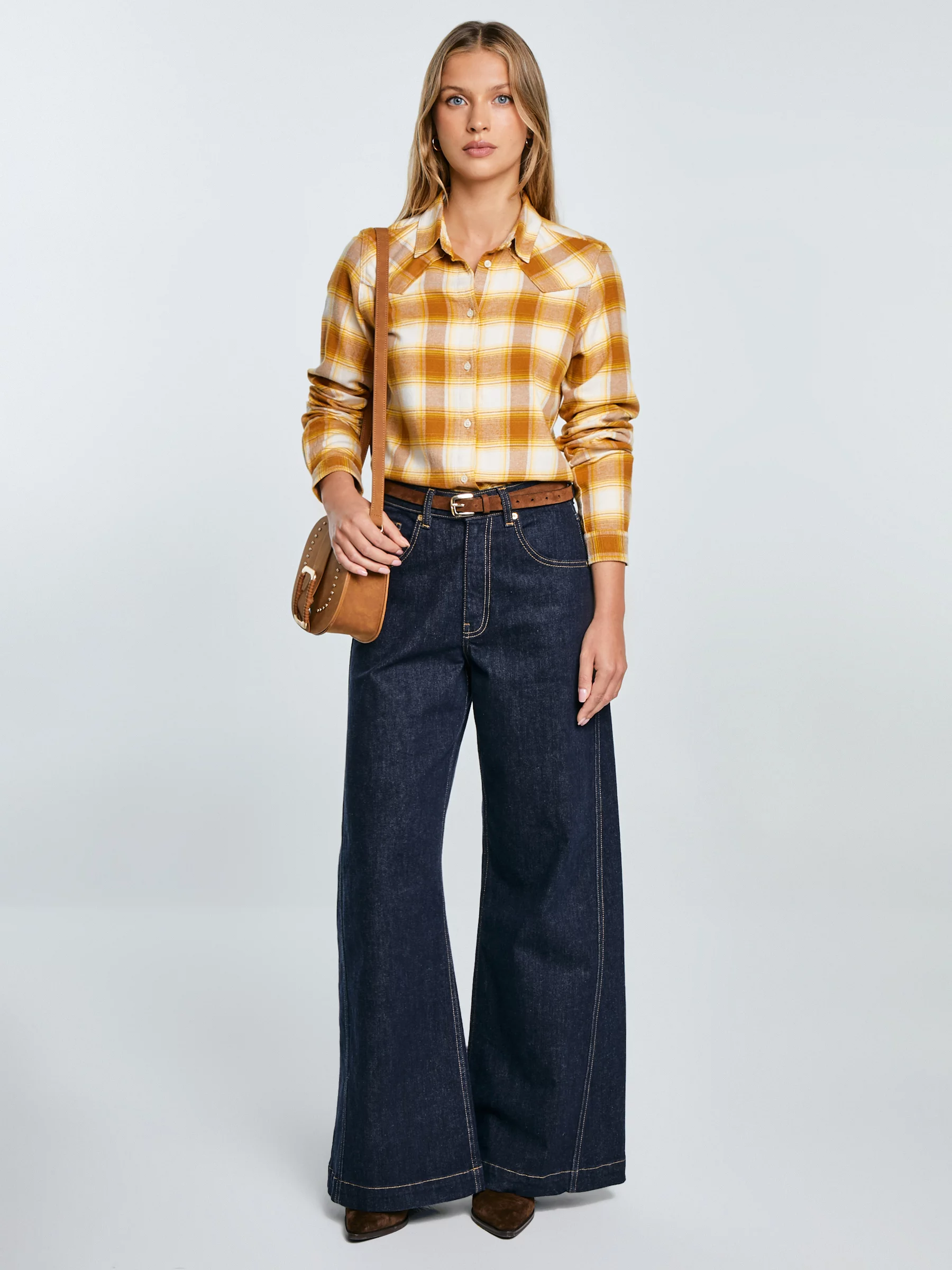 Koszula damska flanelowa w kratę żółto-brązowa Dreni 201