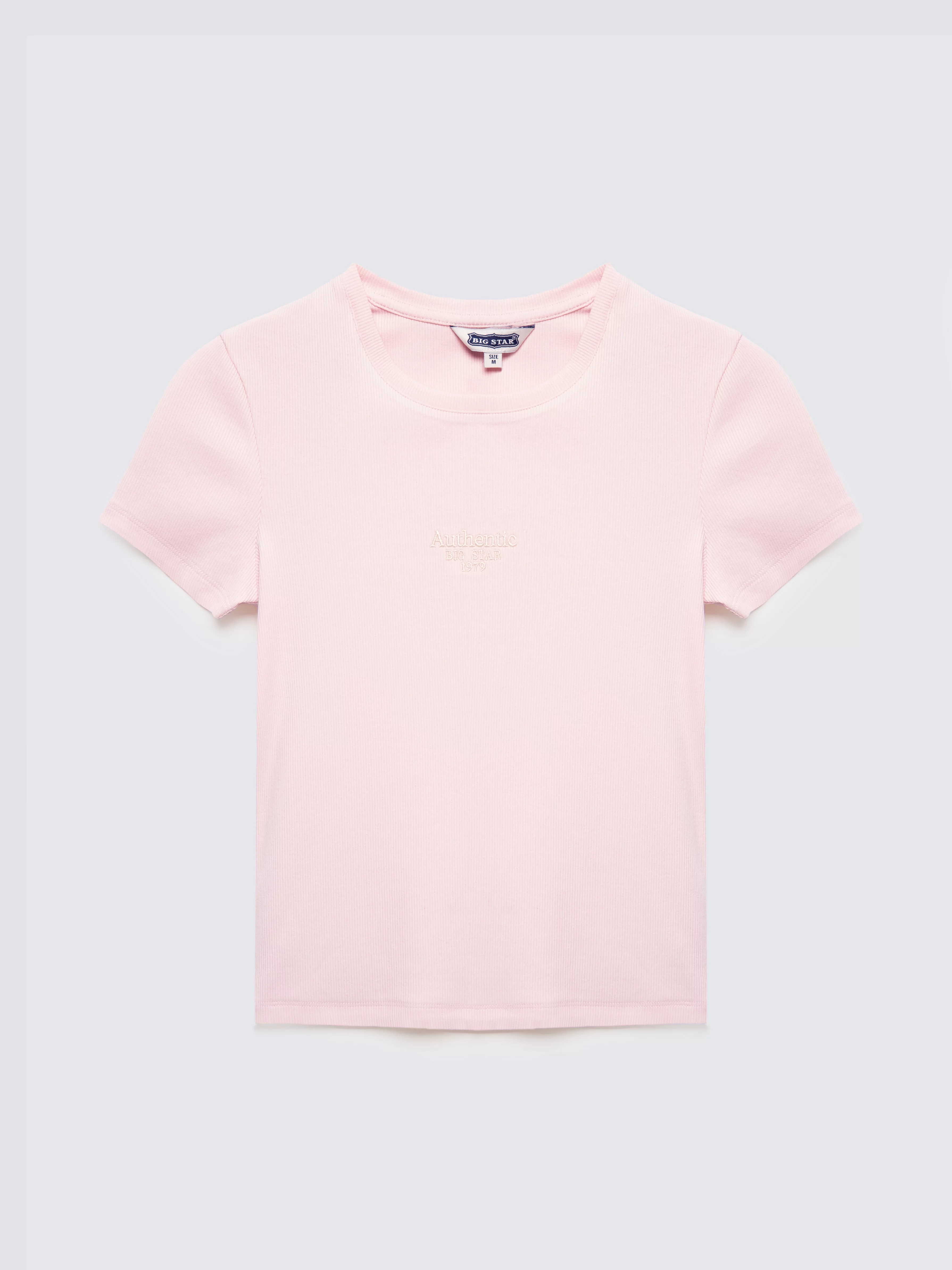 Koszulka damska w prążek z haftem różowa Clarsa 600