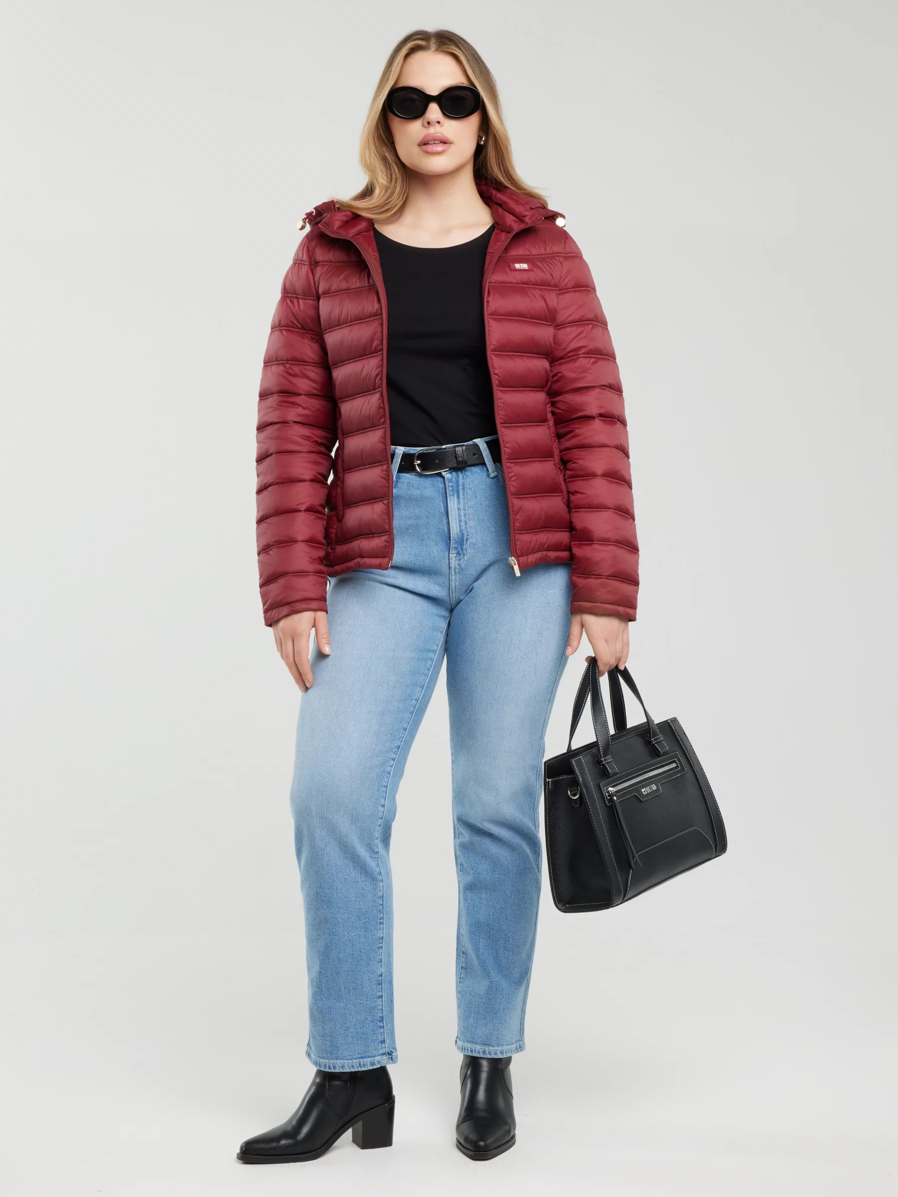 Kurtka damska pikowana z odpinanym kapturem bordowa Azeala23 604