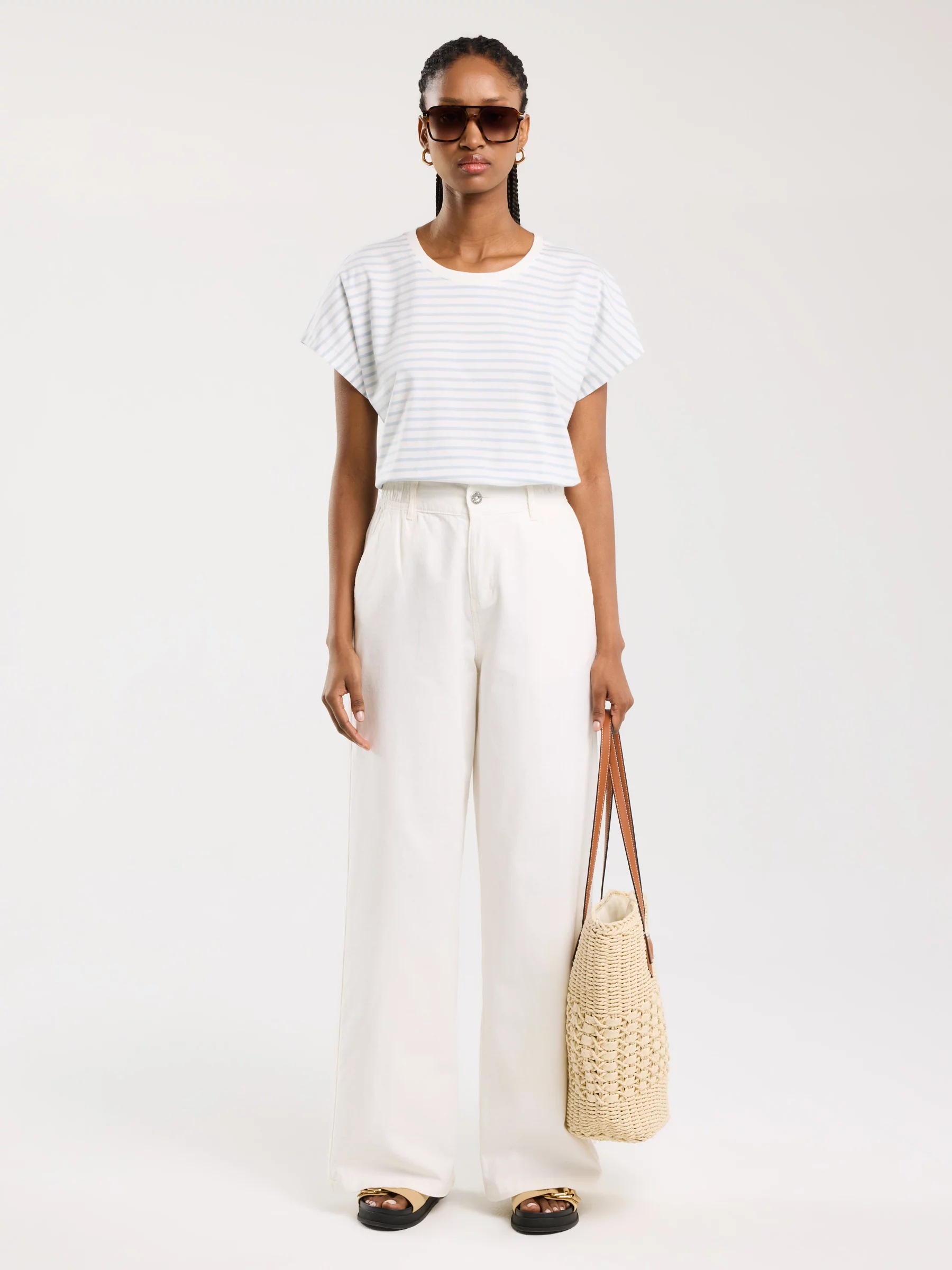 Spodnie damskie z szeroką nogawką z dodatkiem lnu białe Malu 101