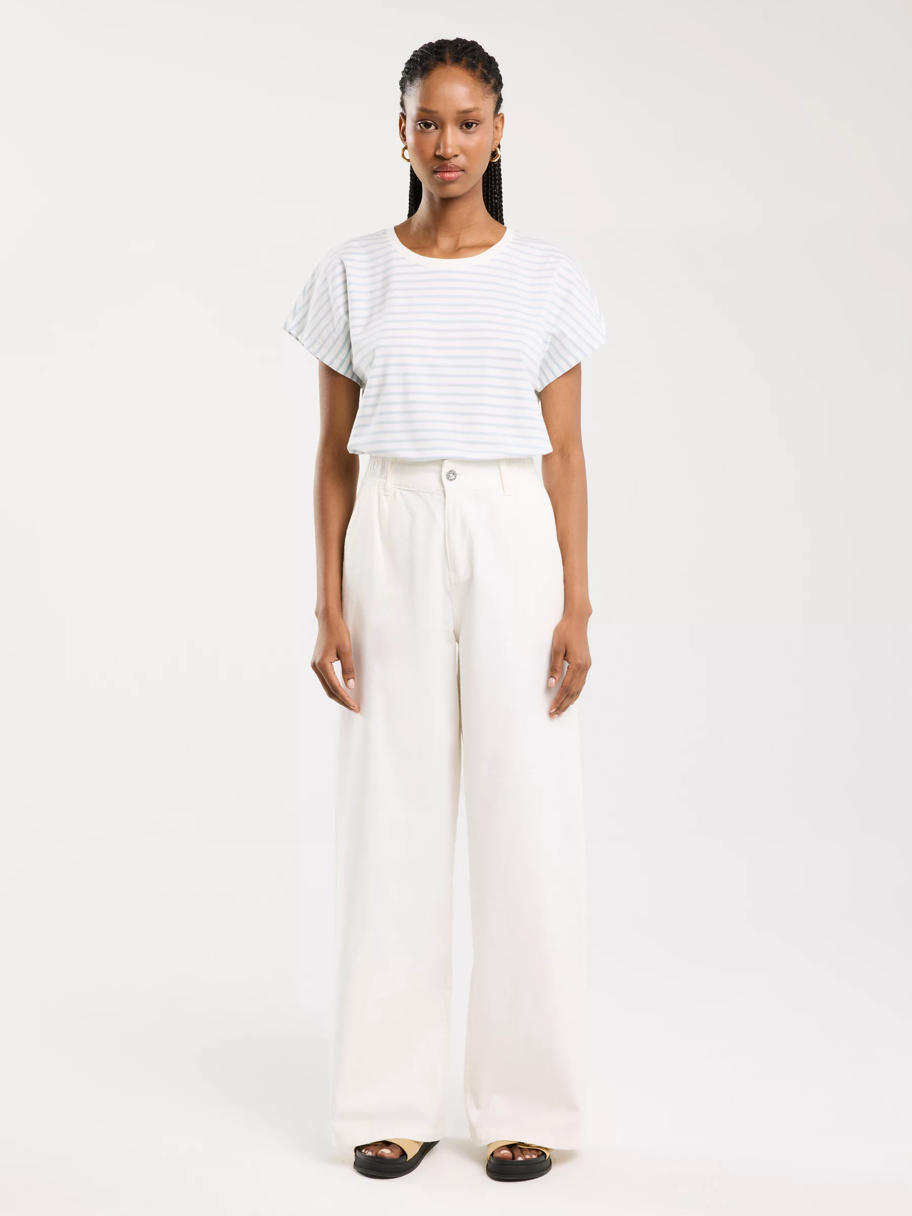 Spodnie damskie z szeroką nogawką z dodatkiem lnu białe Malu 101