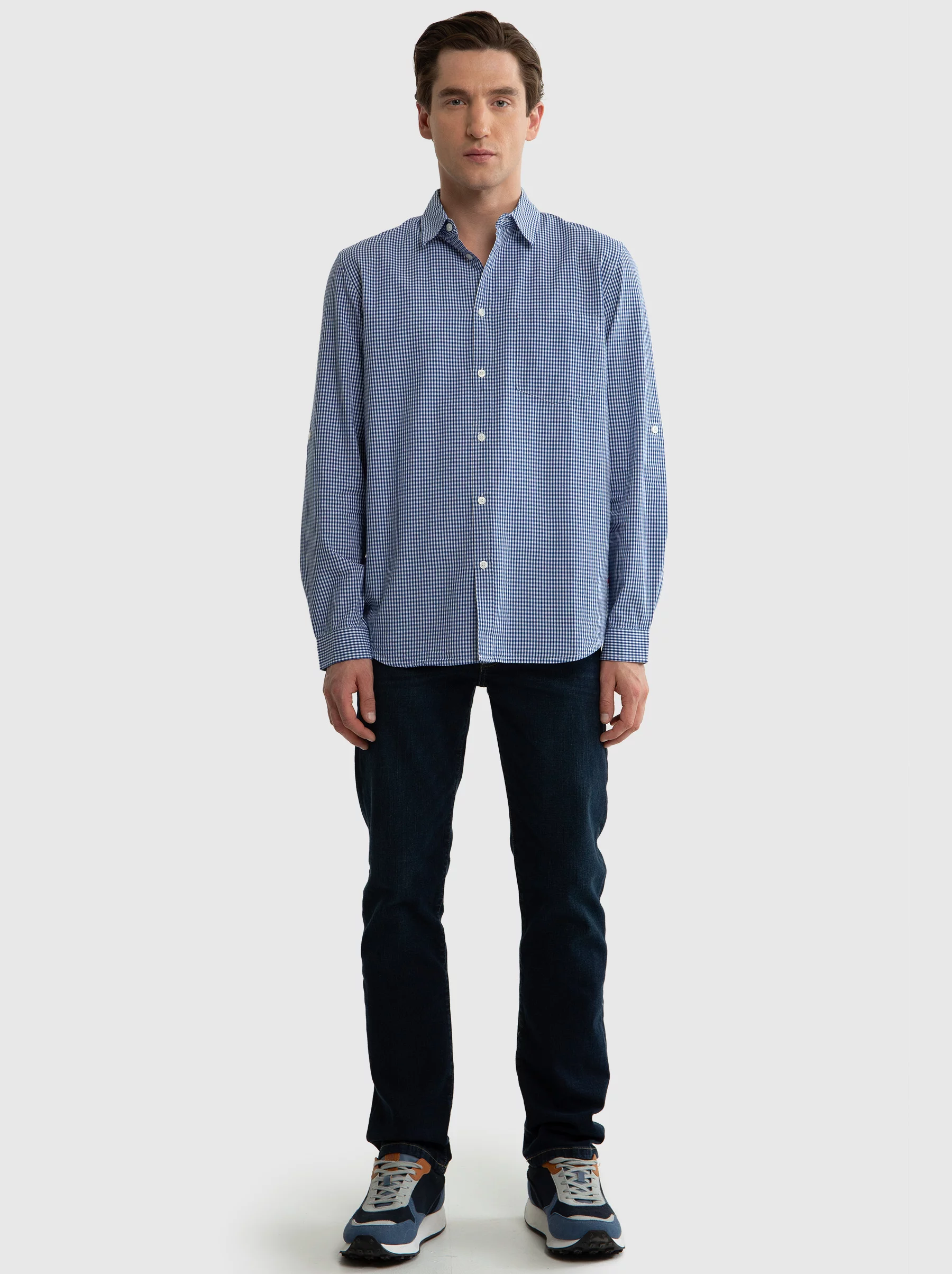 Koszula męska w drobną kratę niebieska Mersinino 402