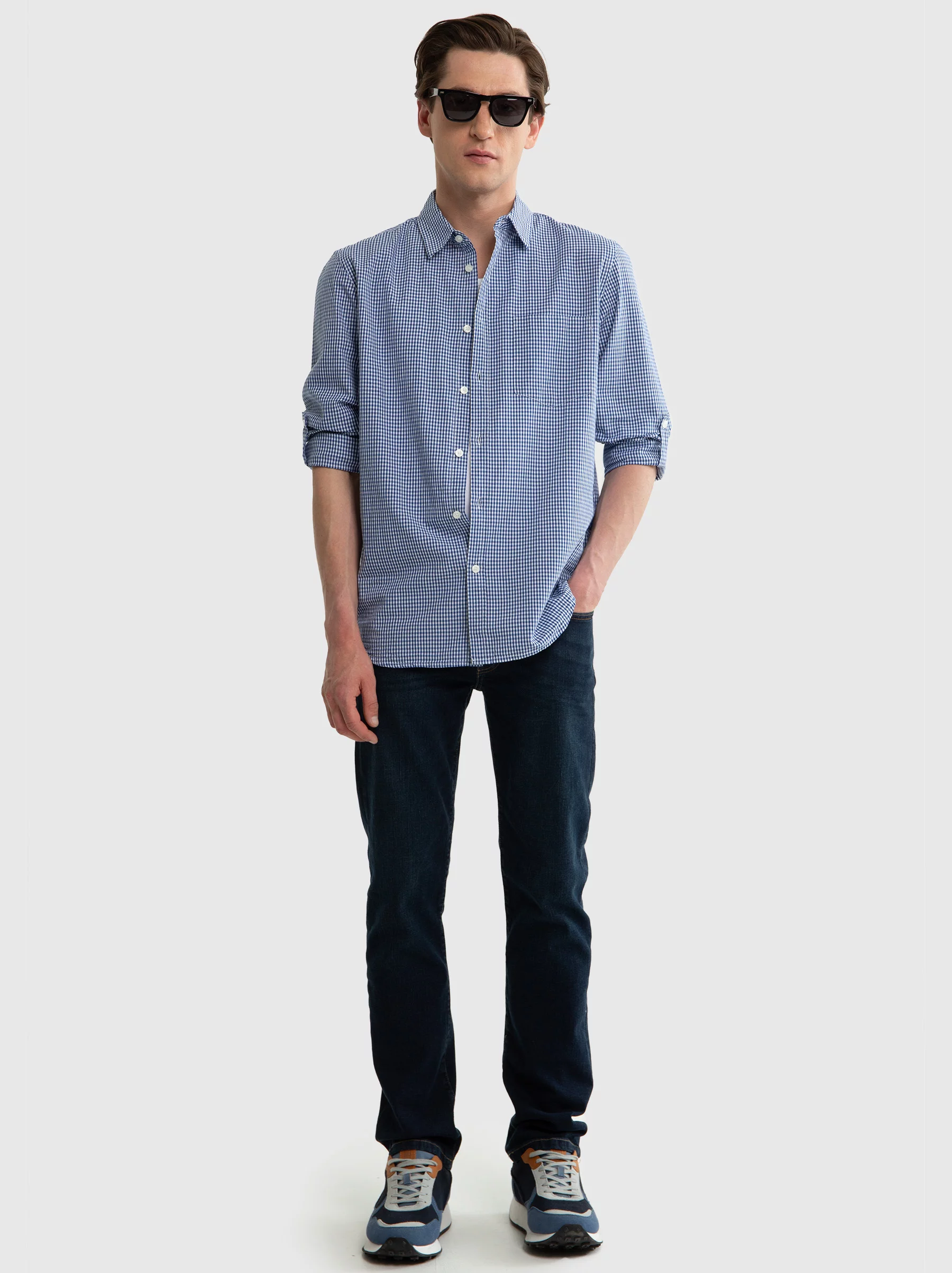 Koszula męska w drobną kratę niebieska Mersinino 402