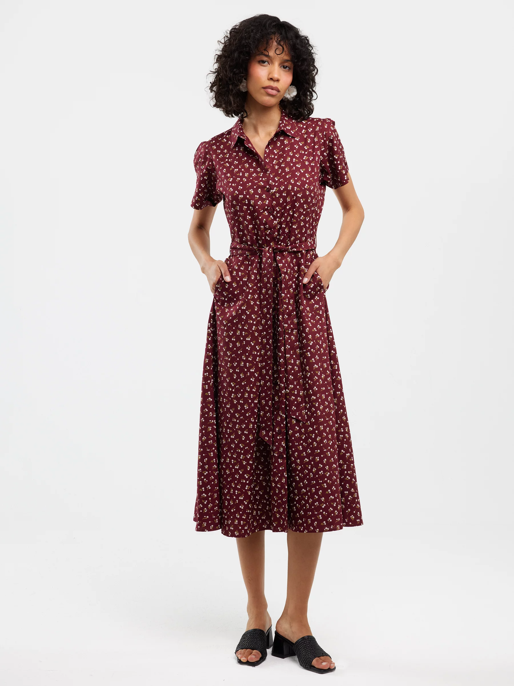 Sukienka damska midi z wiskozy z motywem kwiatowym bordowa Nahai 604