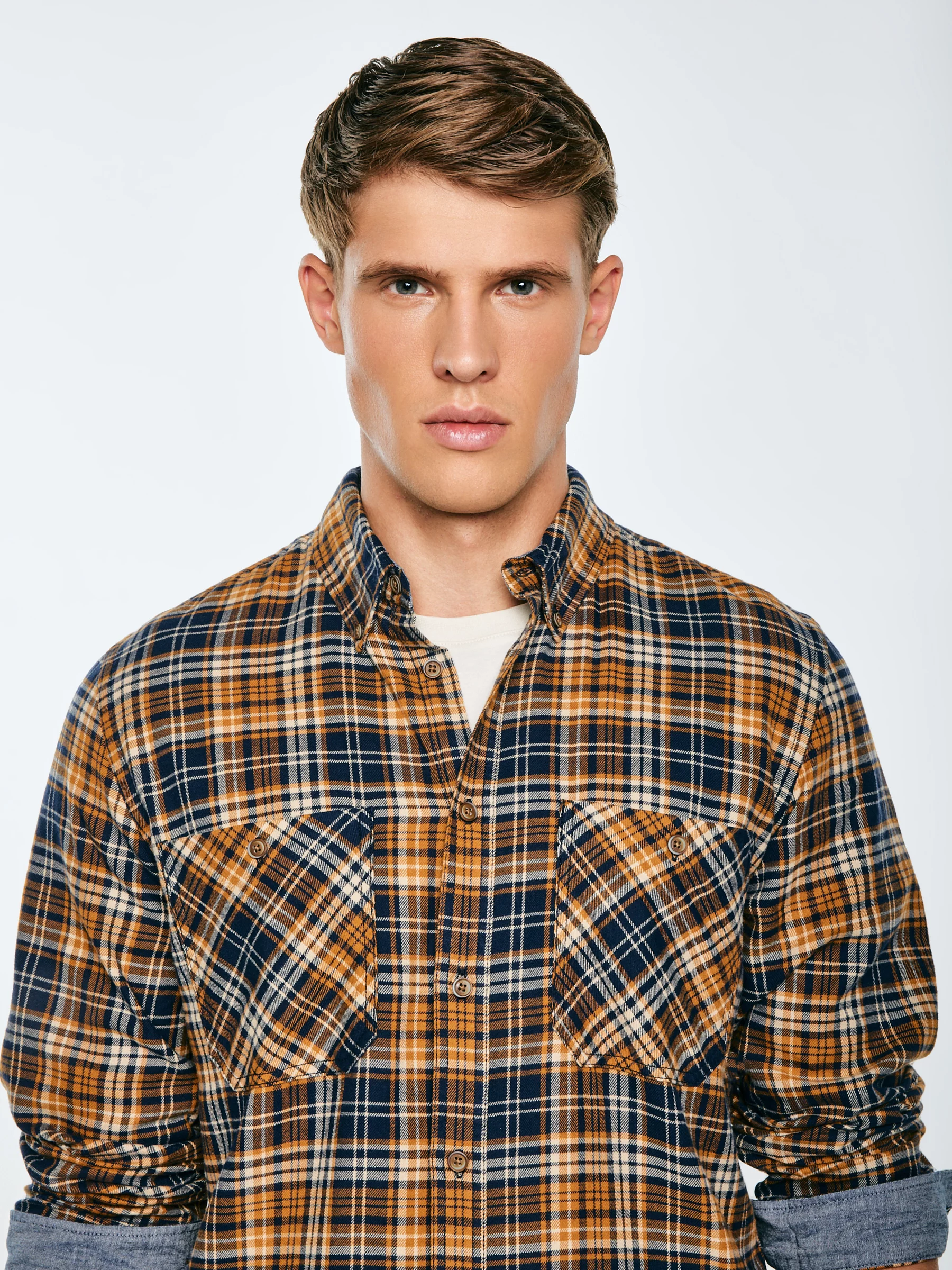 Koszula męska flanelowa w kratę granatowo-pomaraŅczowa Kolisar 403