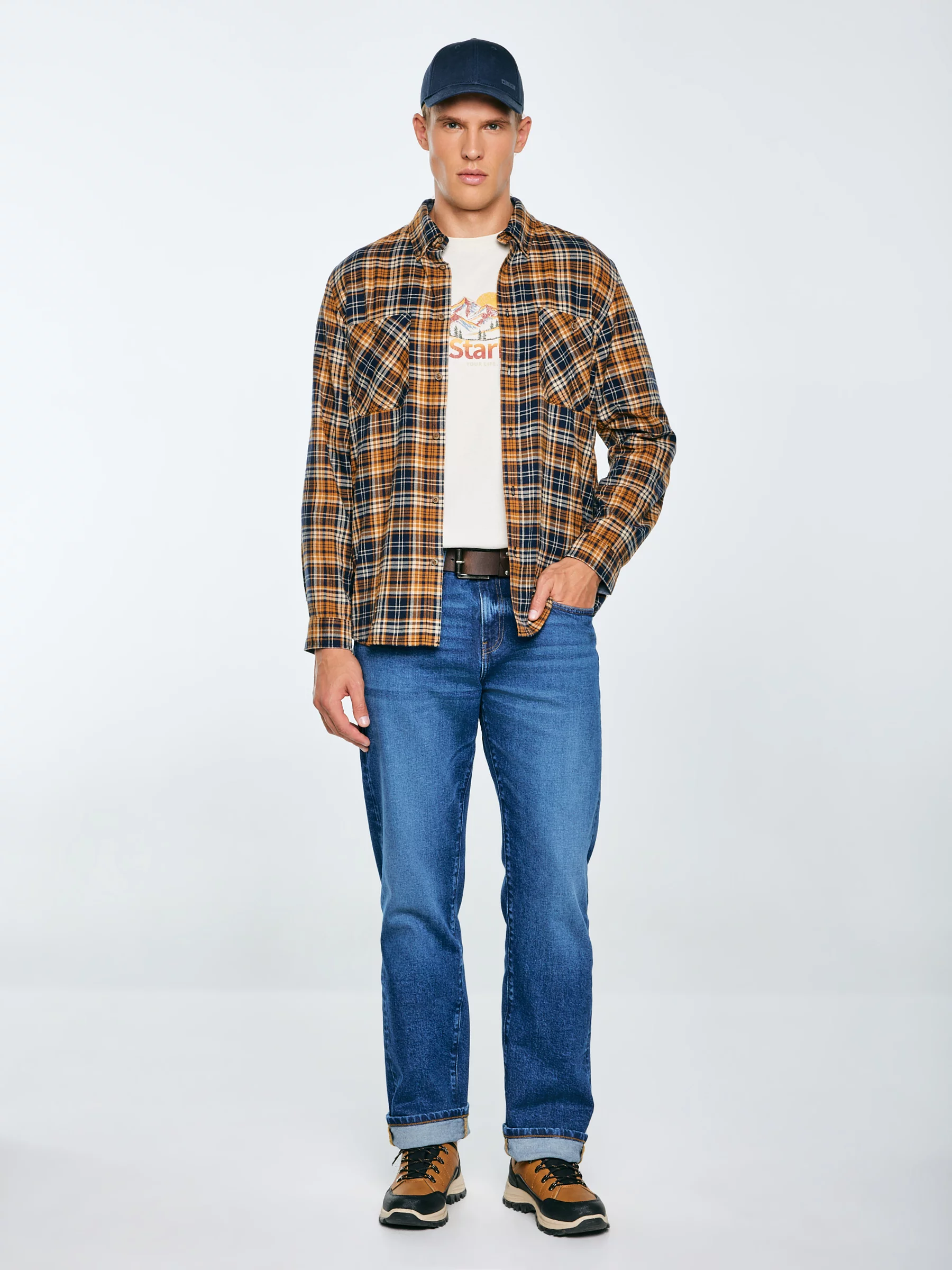 Koszula męska flanelowa w kratę granatowo-pomaraŅczowa Kolisar 403