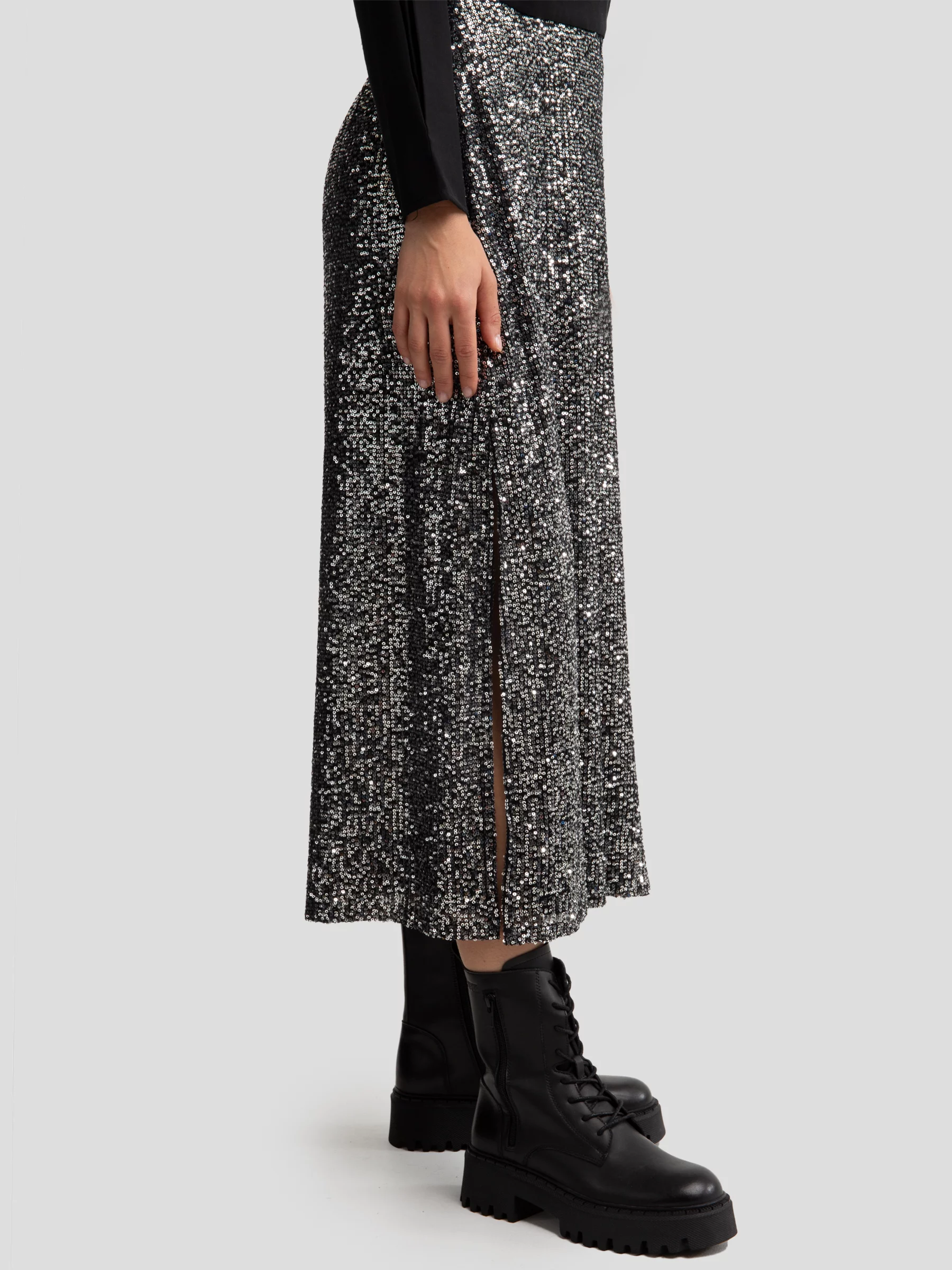 Spódnica damska cekinowa midi srebrna Soleasi 904