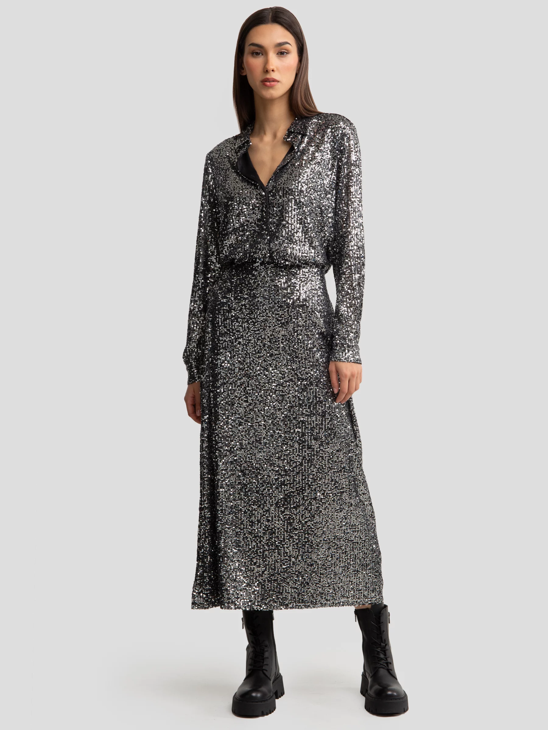 Spódnica damska cekinowa midi srebrna Soleasi 904