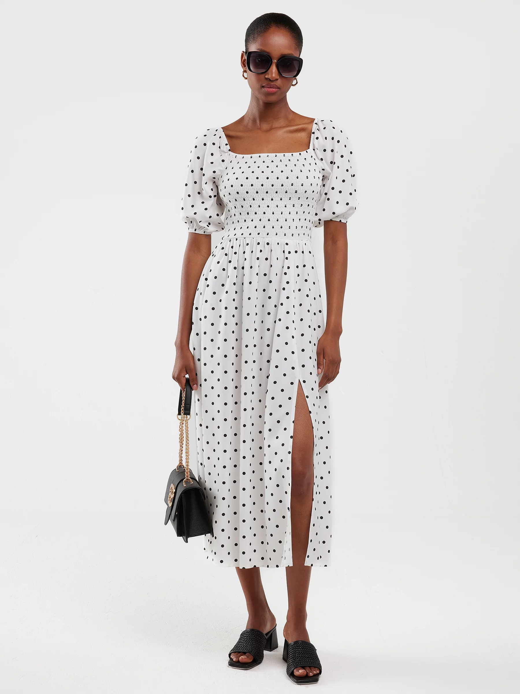 Sukienka damska midi z wiskozy w kropki biała Sotini 100
