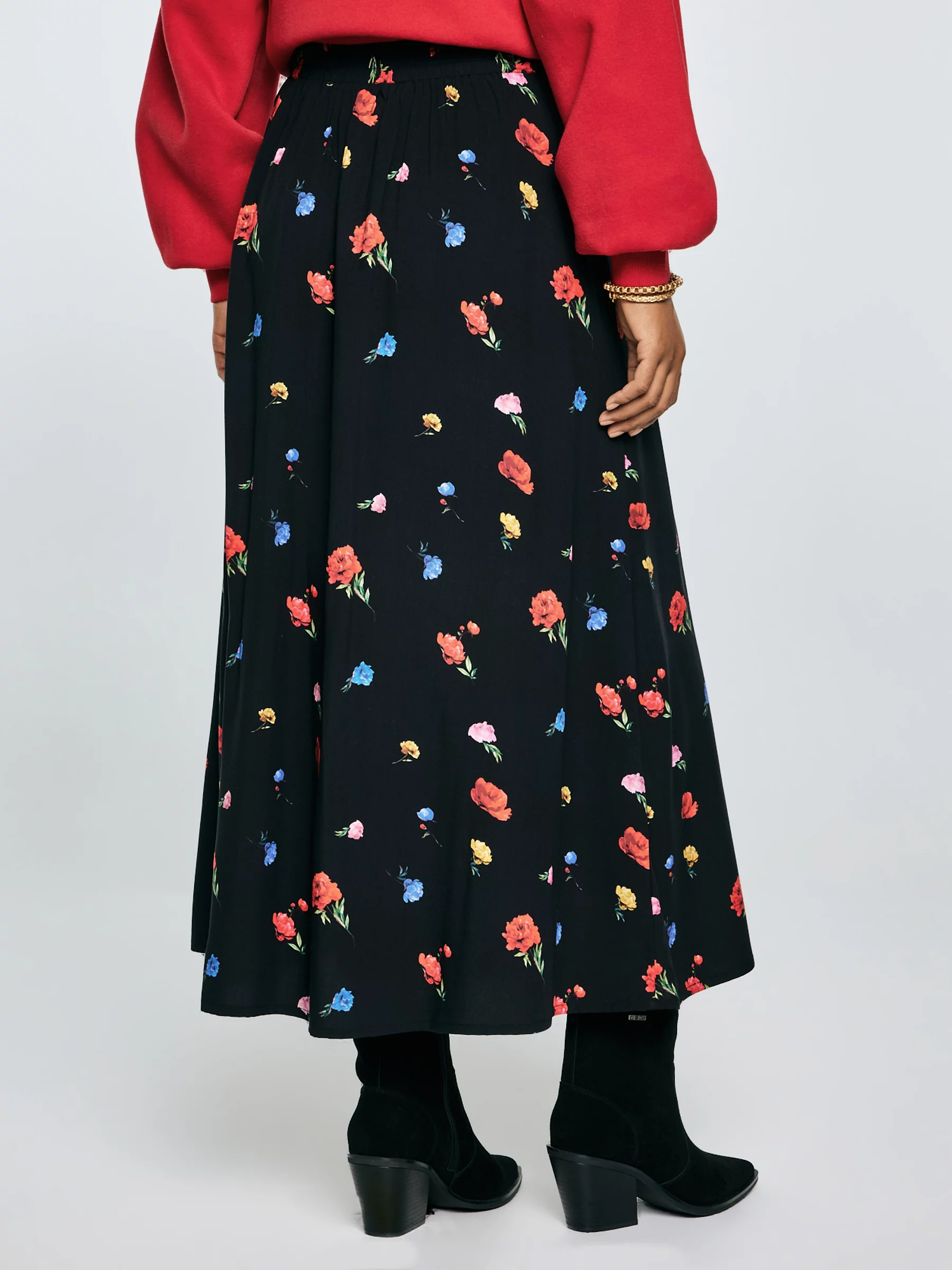 Spódnica damska midi z wiskozy z motywem kwiatowym czarna Brie 906