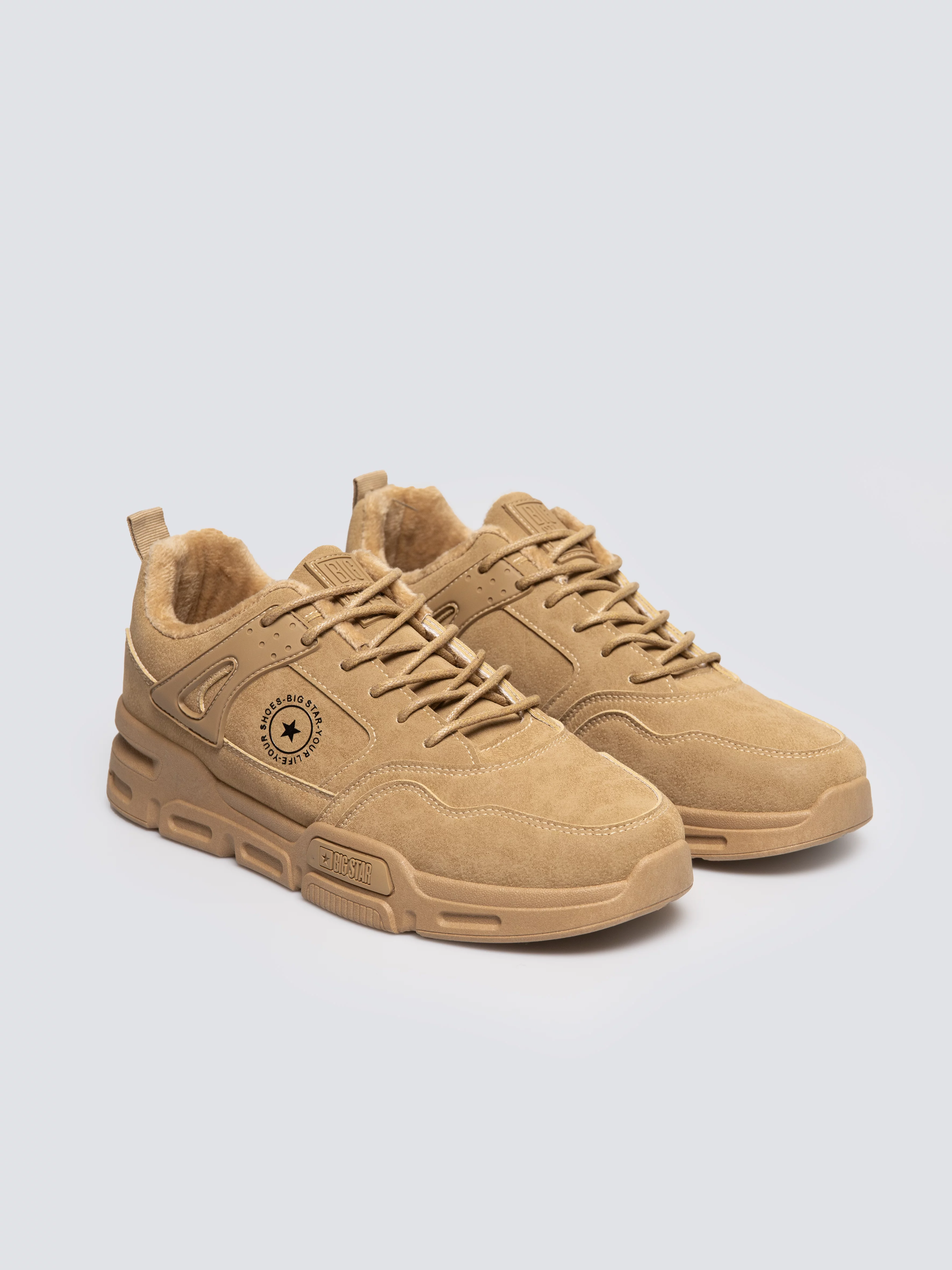 Sneakersy męskie ze skóry ekologicznej beżowe OO174578 801