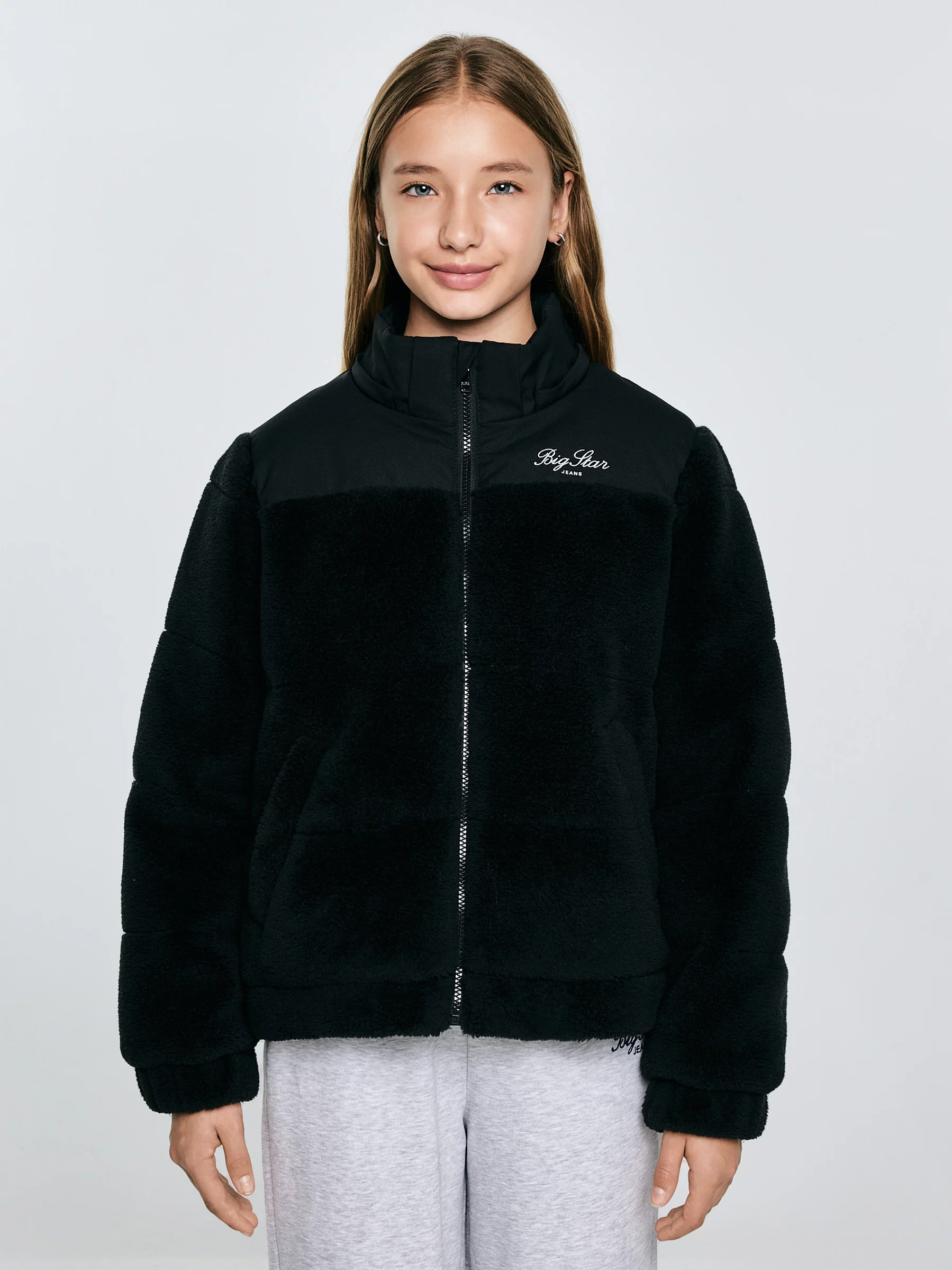 Kurtka dziewczęca pudełkowa z futerkiem czarna Kesja 906