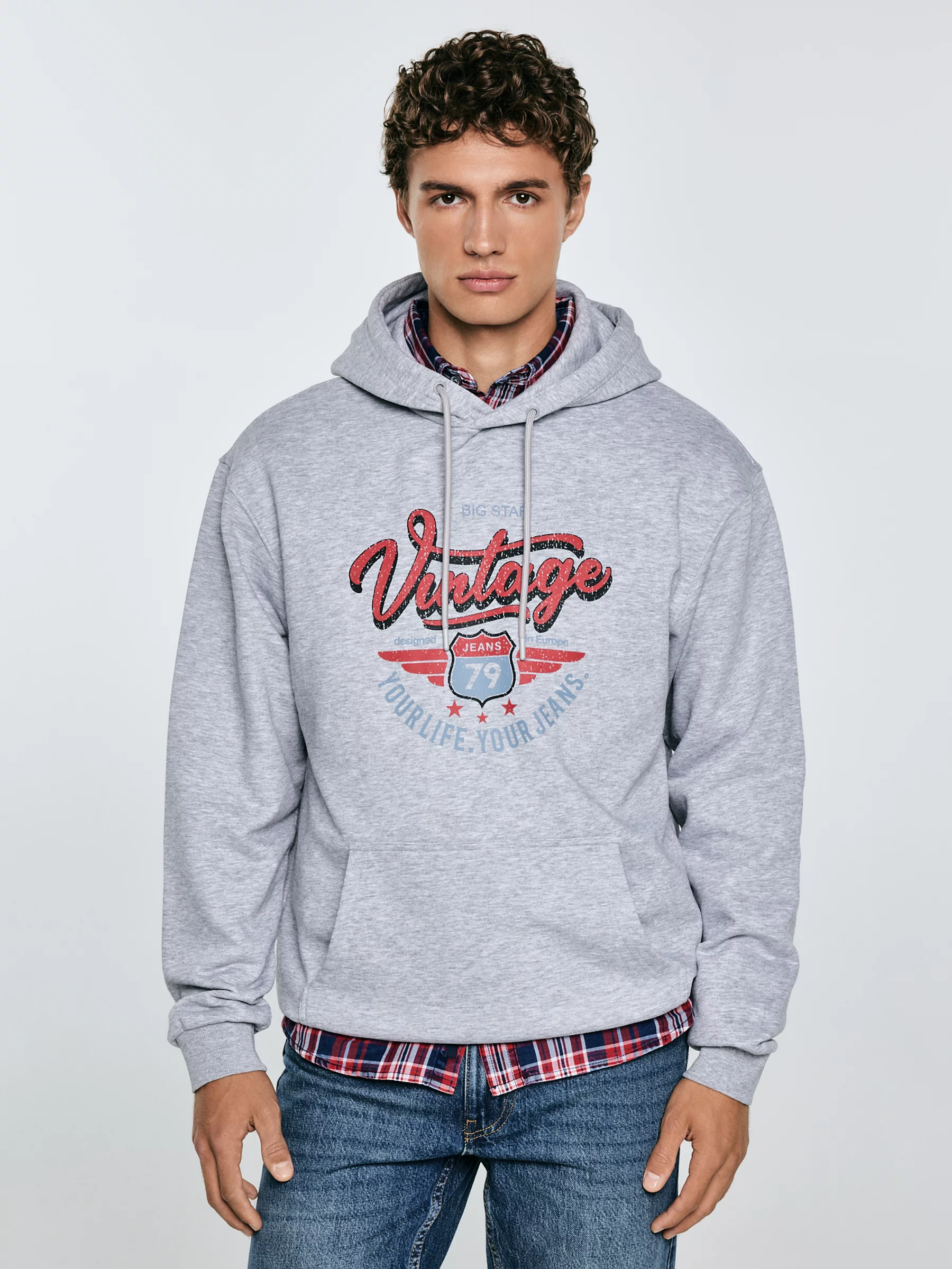 Bluza męska z kapturem z nadrukiem szara Luka 901