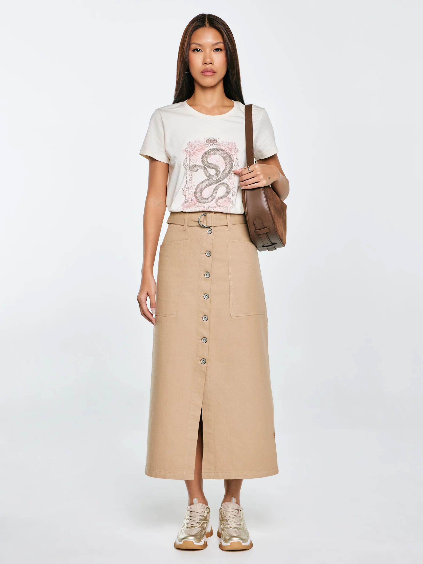 Spódnica damska midi z dodatkiem lnu z ozdobnymi guzikami beżowa Anesa 805