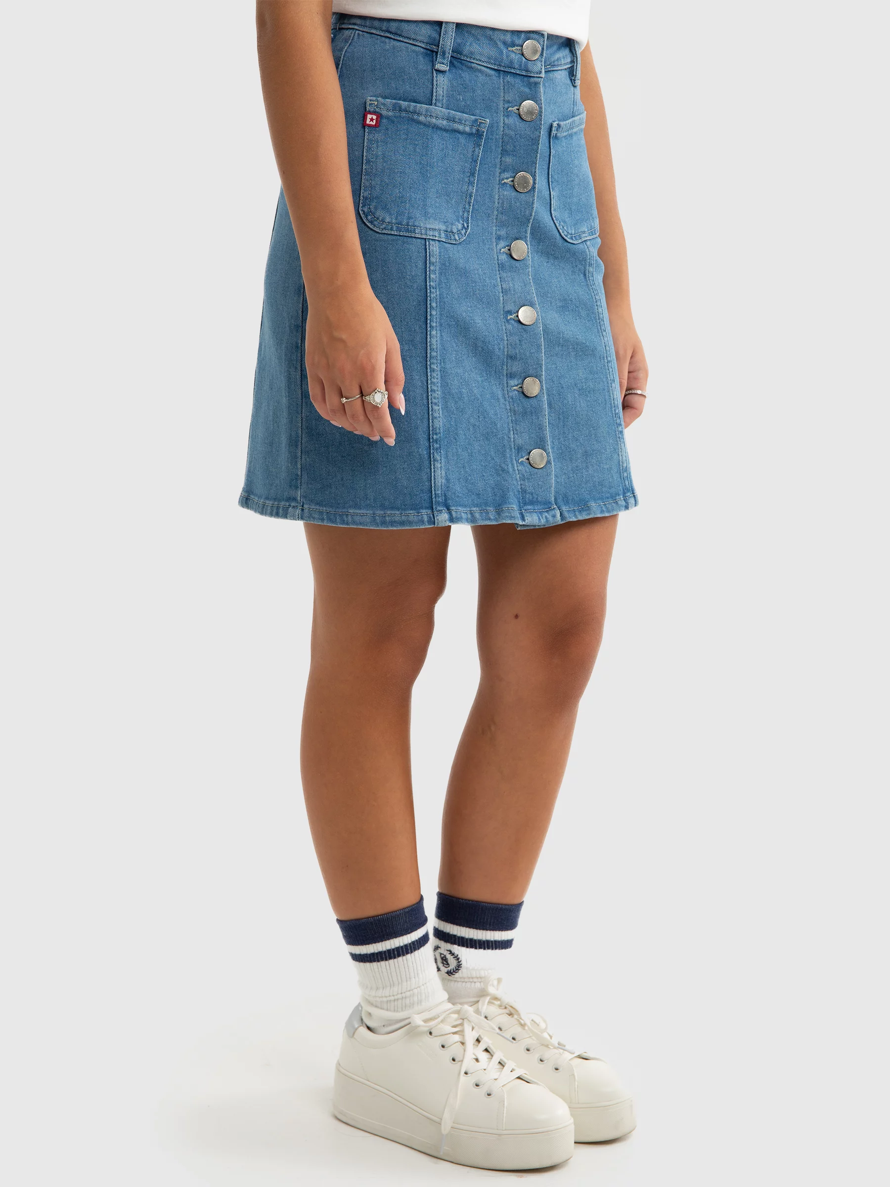 Spódnica dziewczęca jeansowa zapinana na guziki niebieska Olive 152