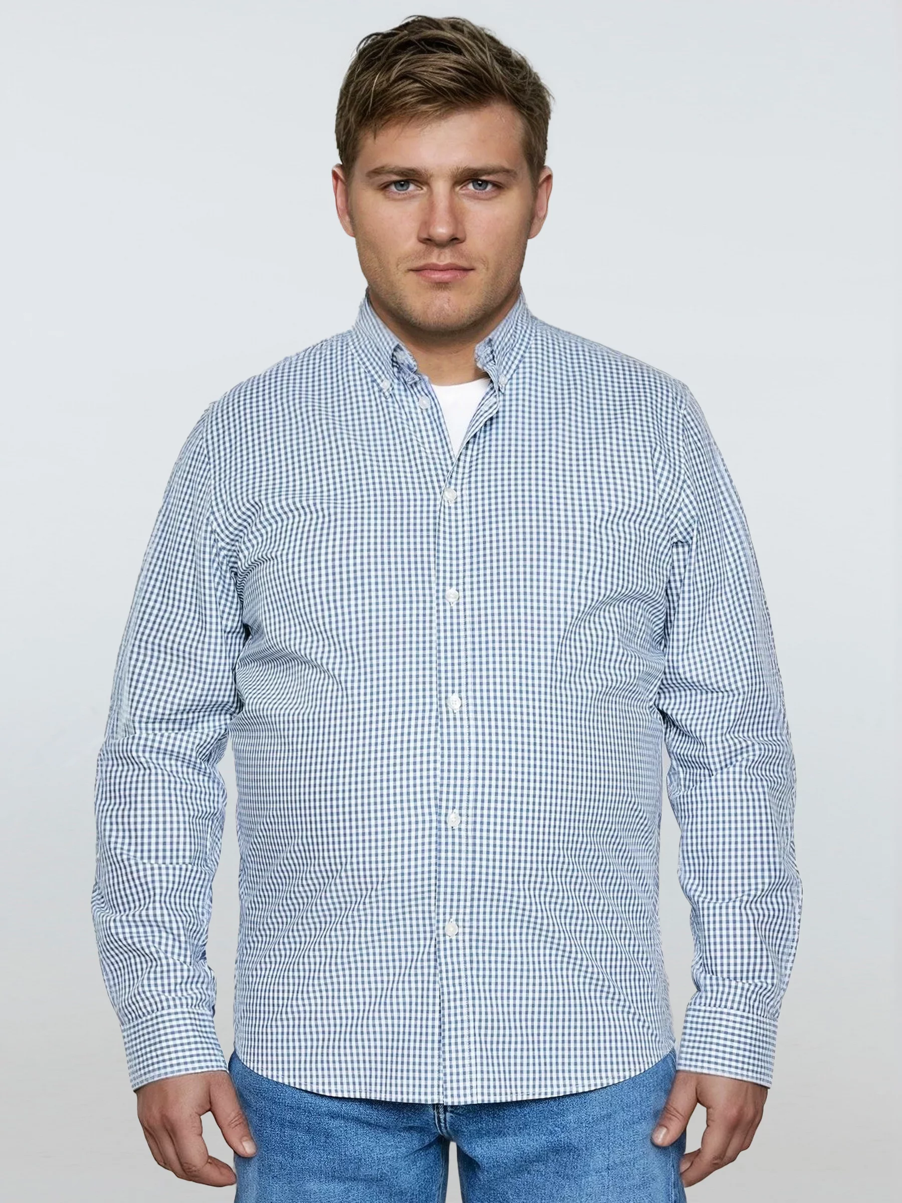 Koszula męska bawełniana w drobną kratę błękitna Gibbsoner 401