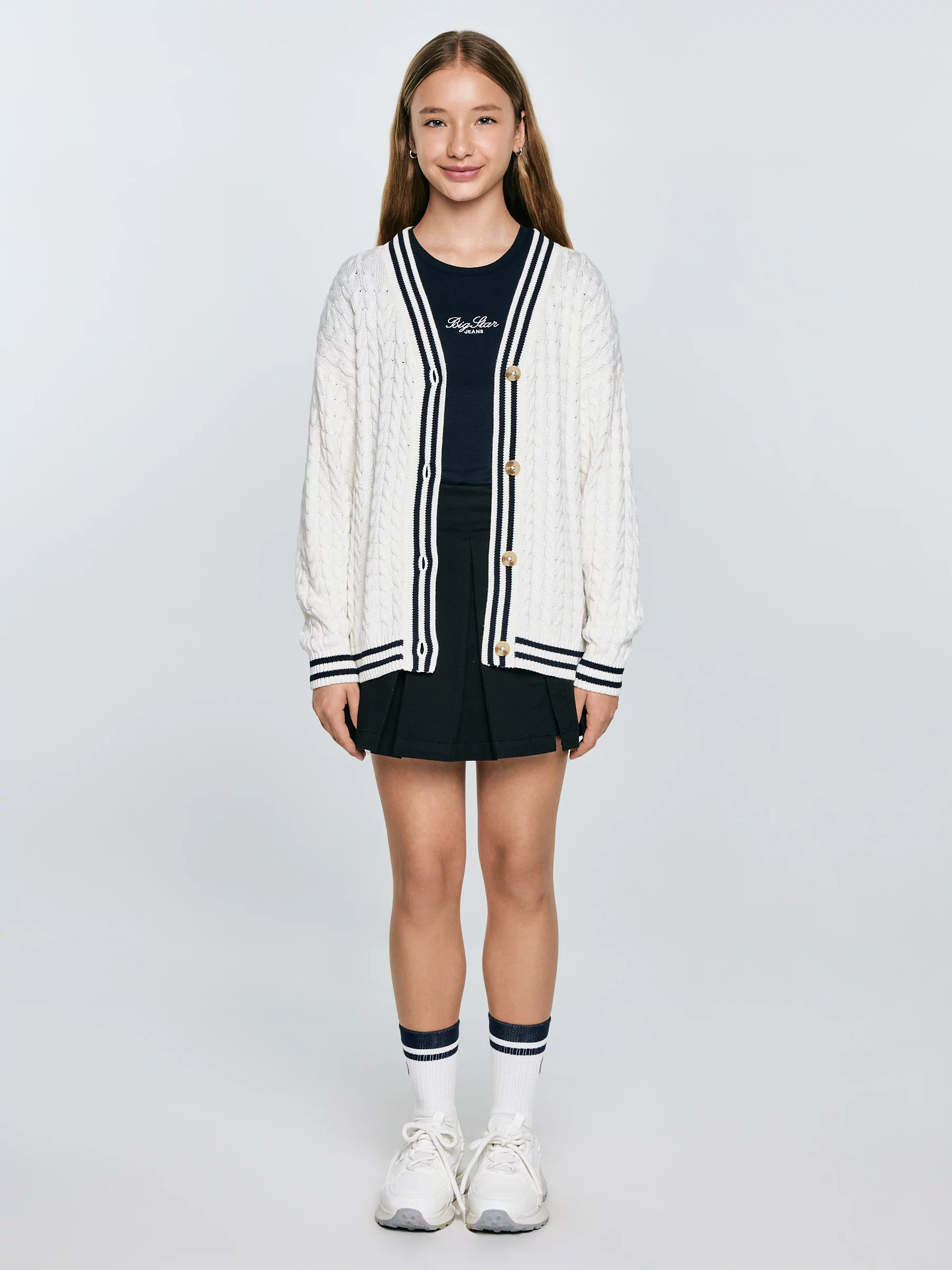 Kardigan dziewczęcy z kontrastowym wykoŅczeniem kremowy Misia 102