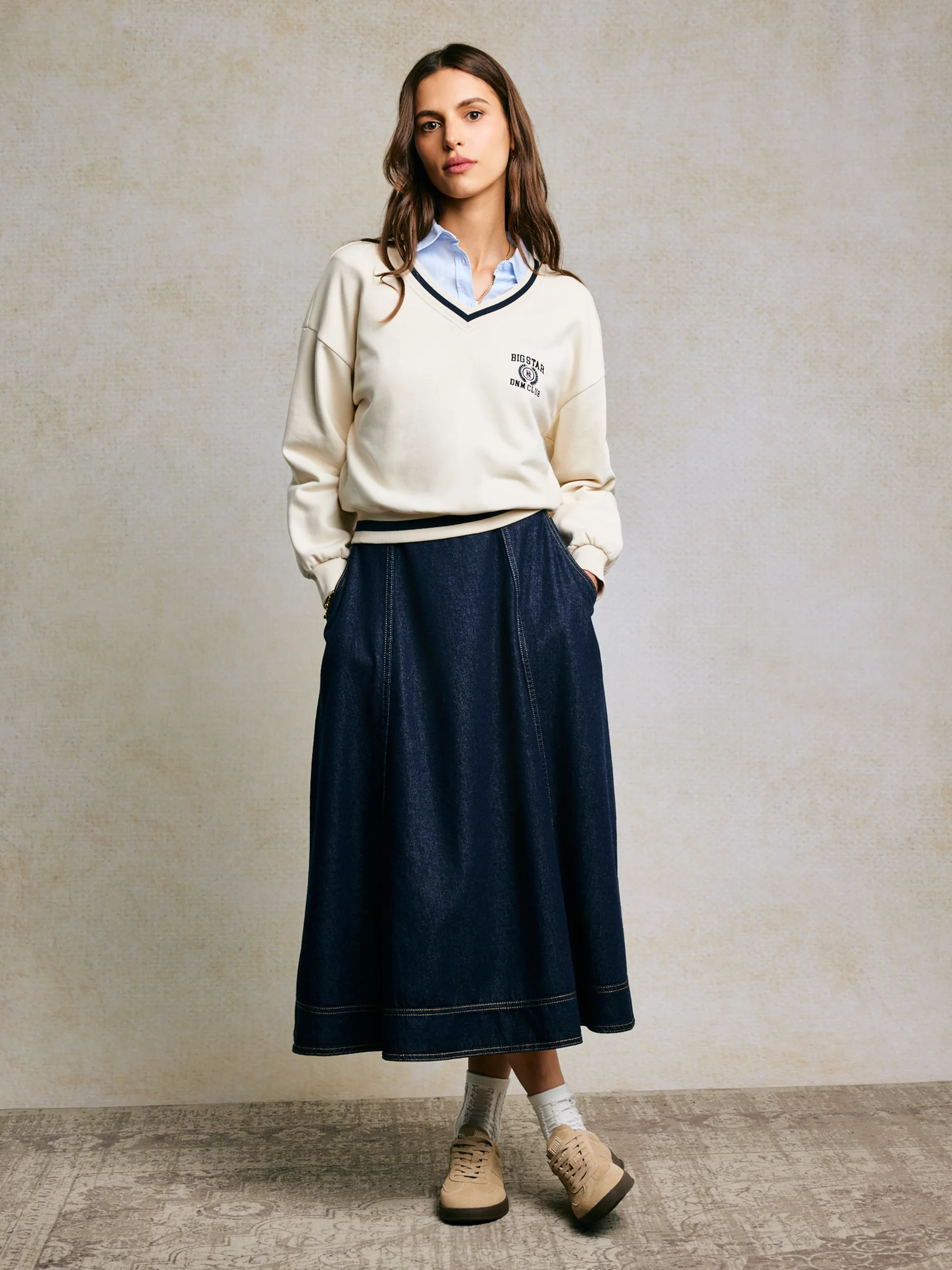 Spódnica damska midi jeansowa rozkloszowana granatowa Scarlet 652