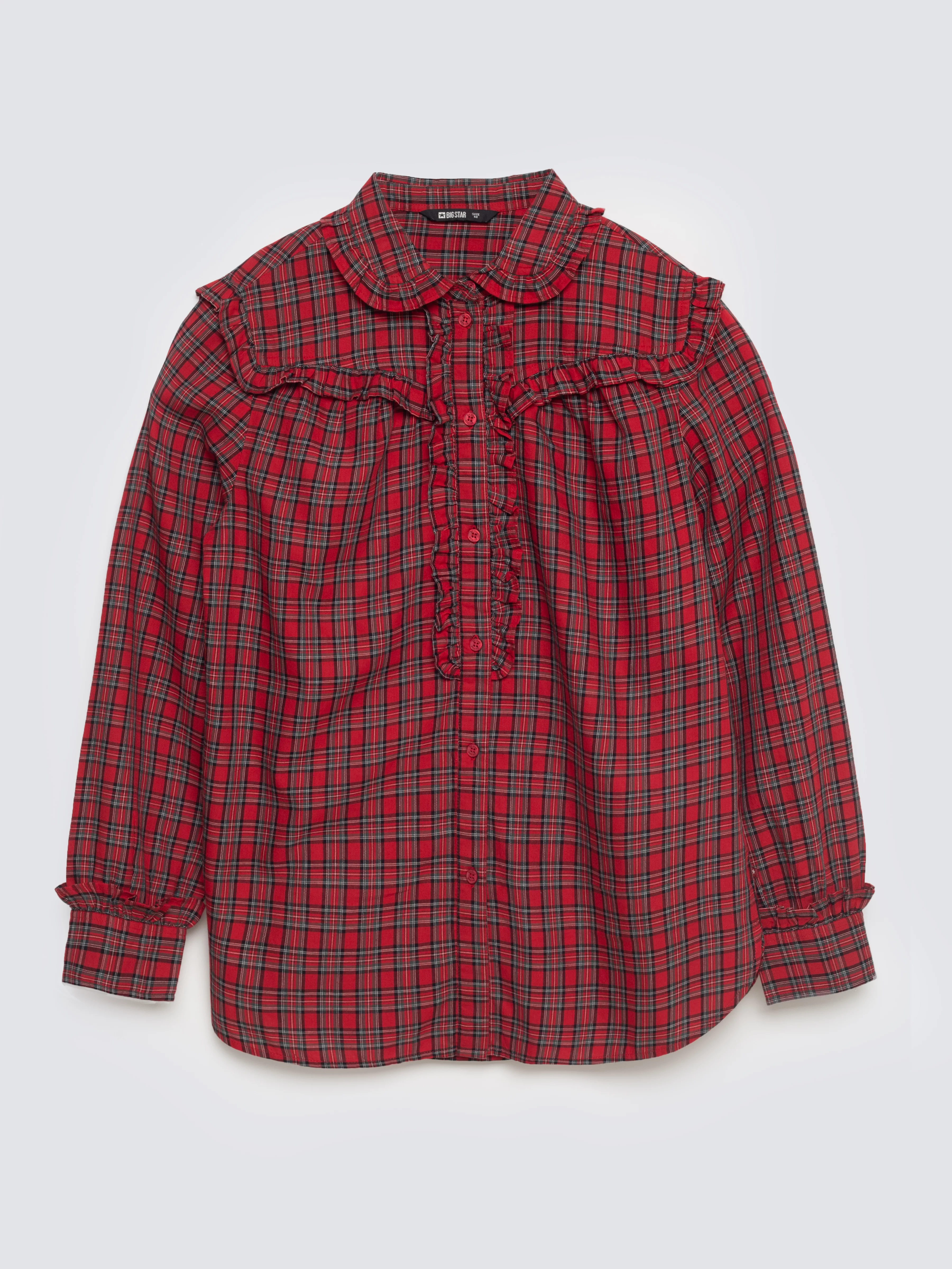 Koszula damska w kratę z ozdobnymi falbankami czerwona Frilo 000