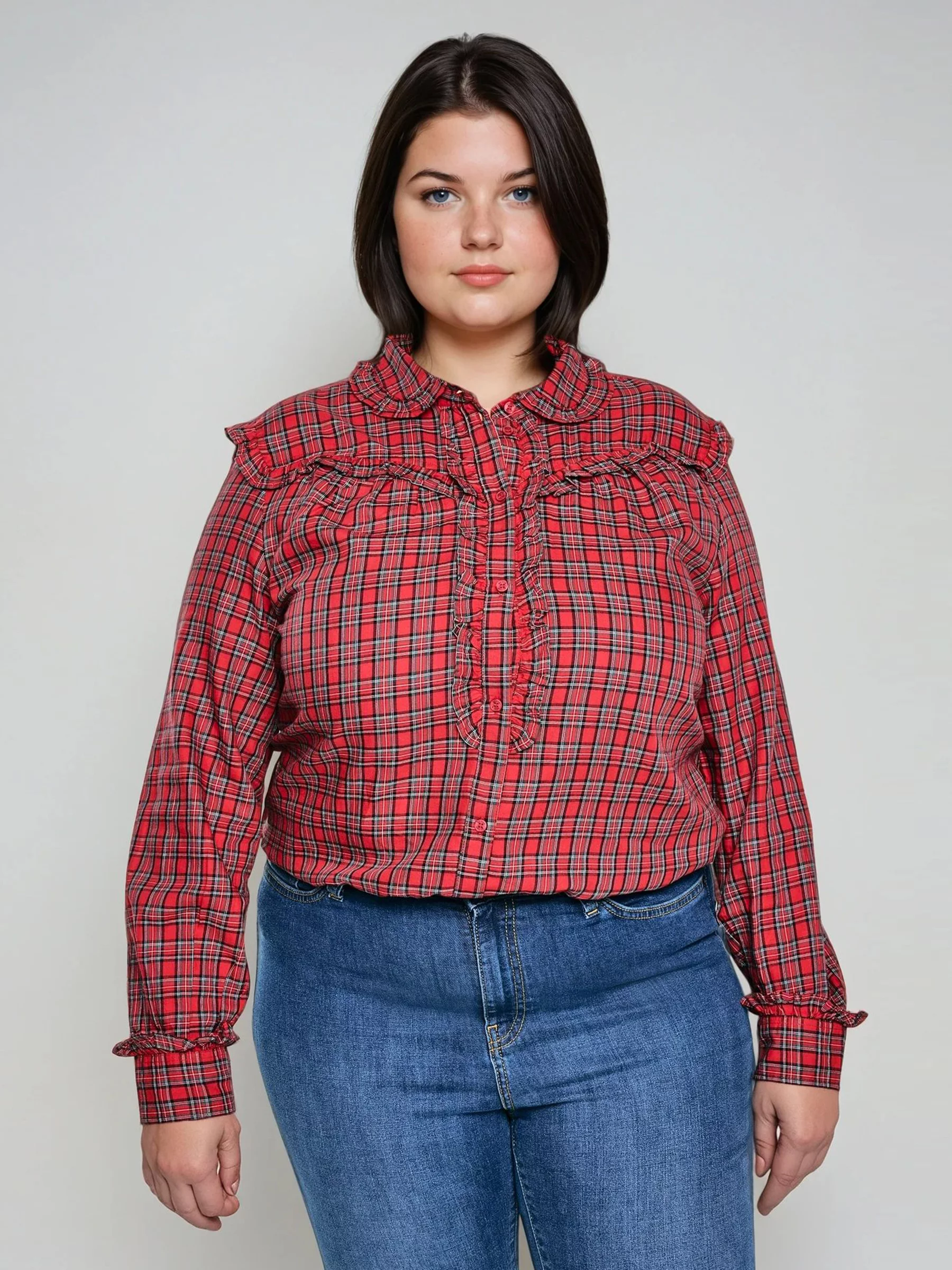 Koszula damska w kratę z ozdobnymi falbankami czerwona Frilo 000