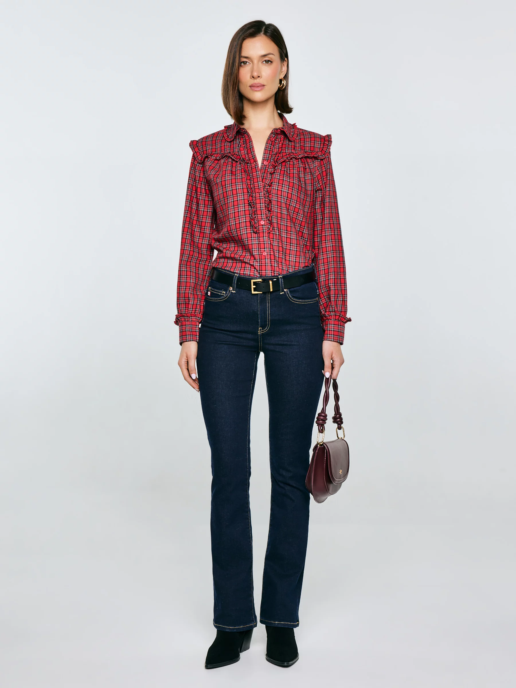 Koszula damska w kratę z ozdobnymi falbankami czerwona Frilo 000