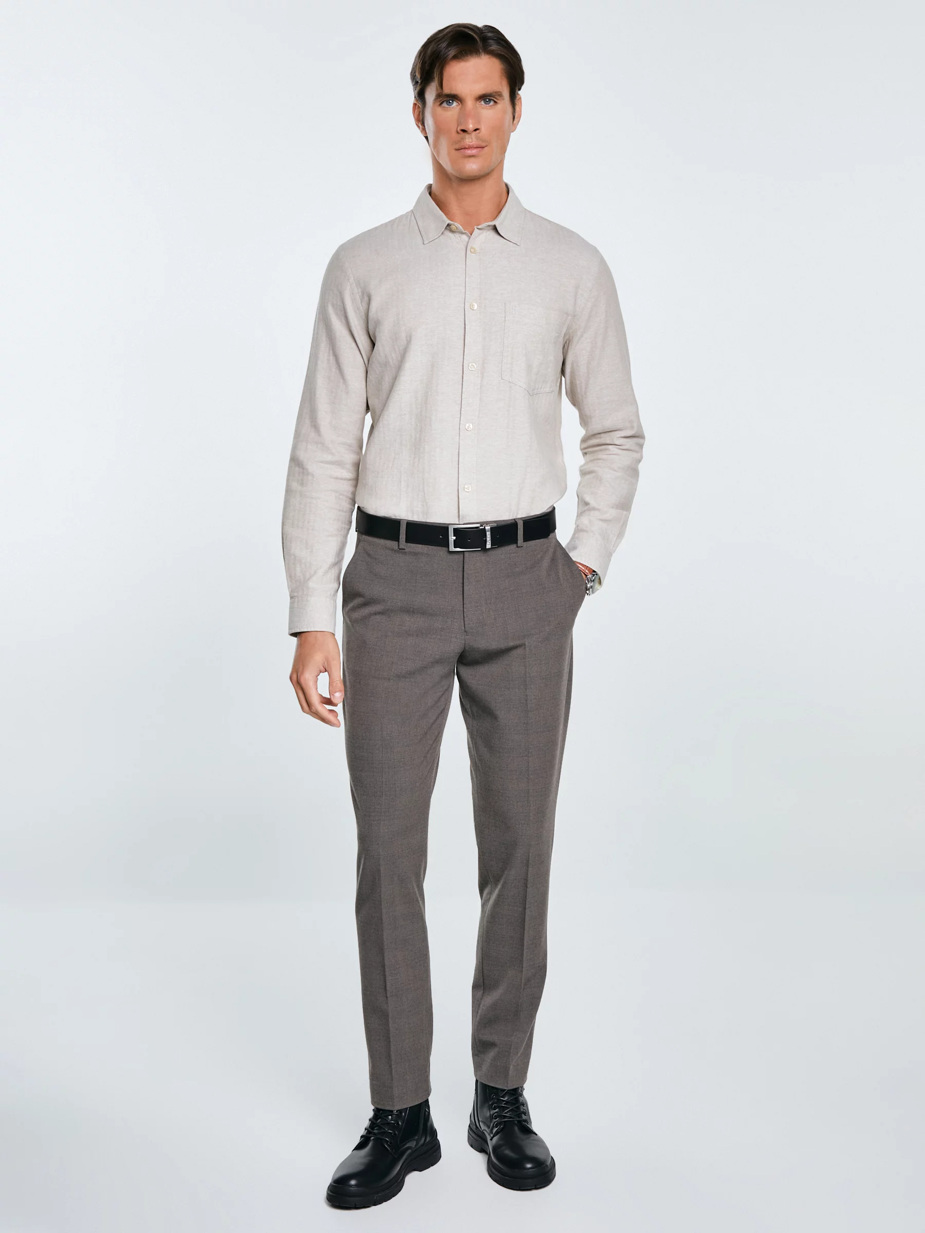 Koszula męska w drobną jodełkę beżowa Grest 800