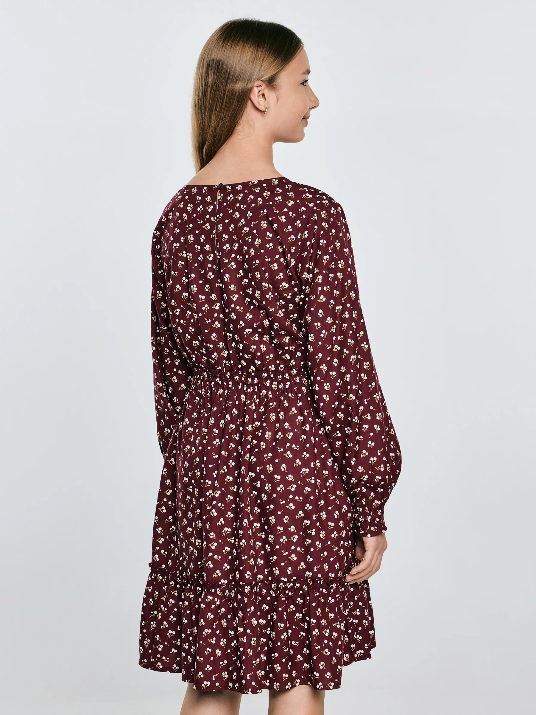 Sukienka dziewczęca z wiskozy z motywem kwiatowym bordowa Namisa 604
