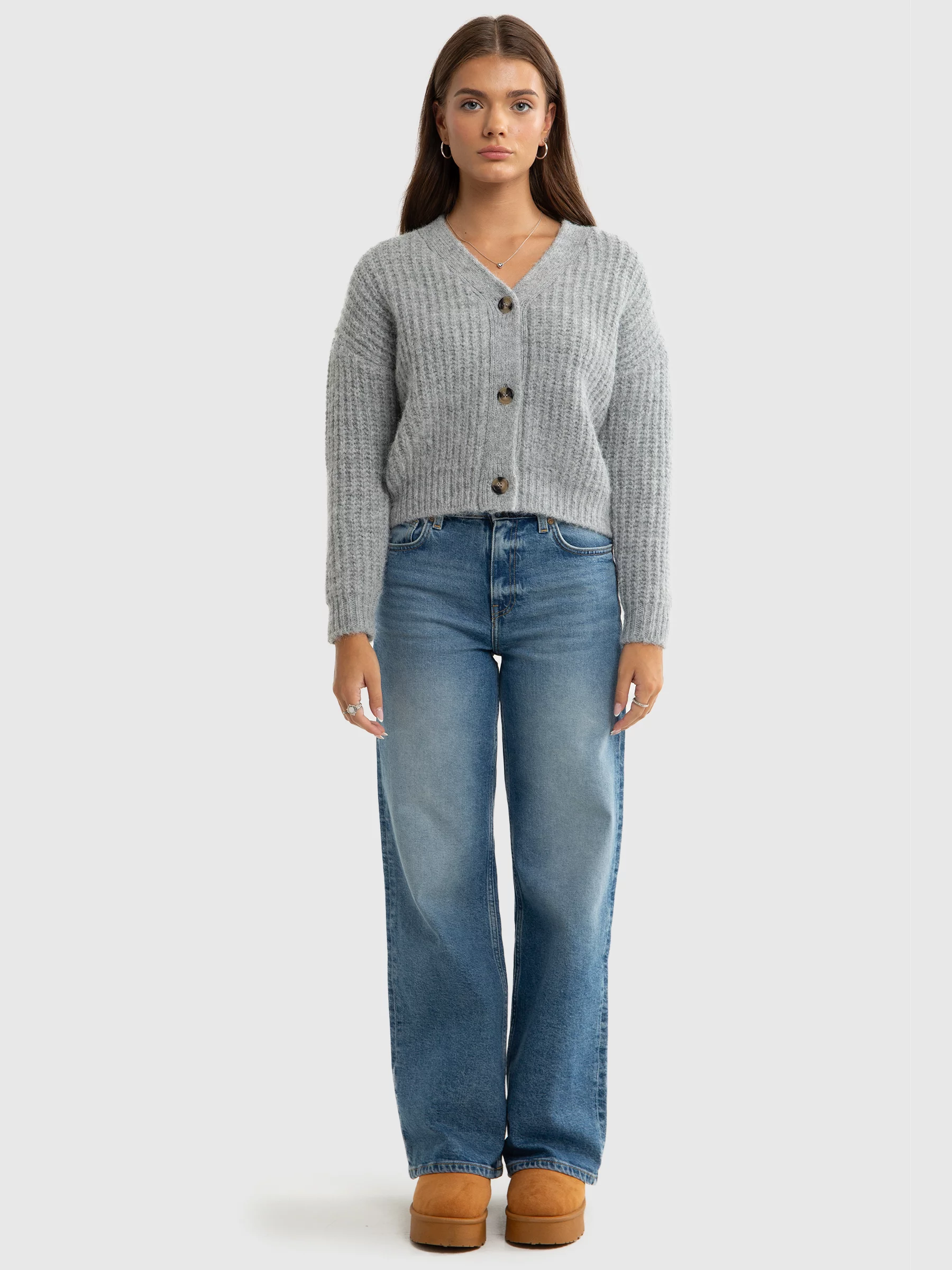 Sweter dziewczęcy kardigan z dodatkiem wełny szary Karda 901