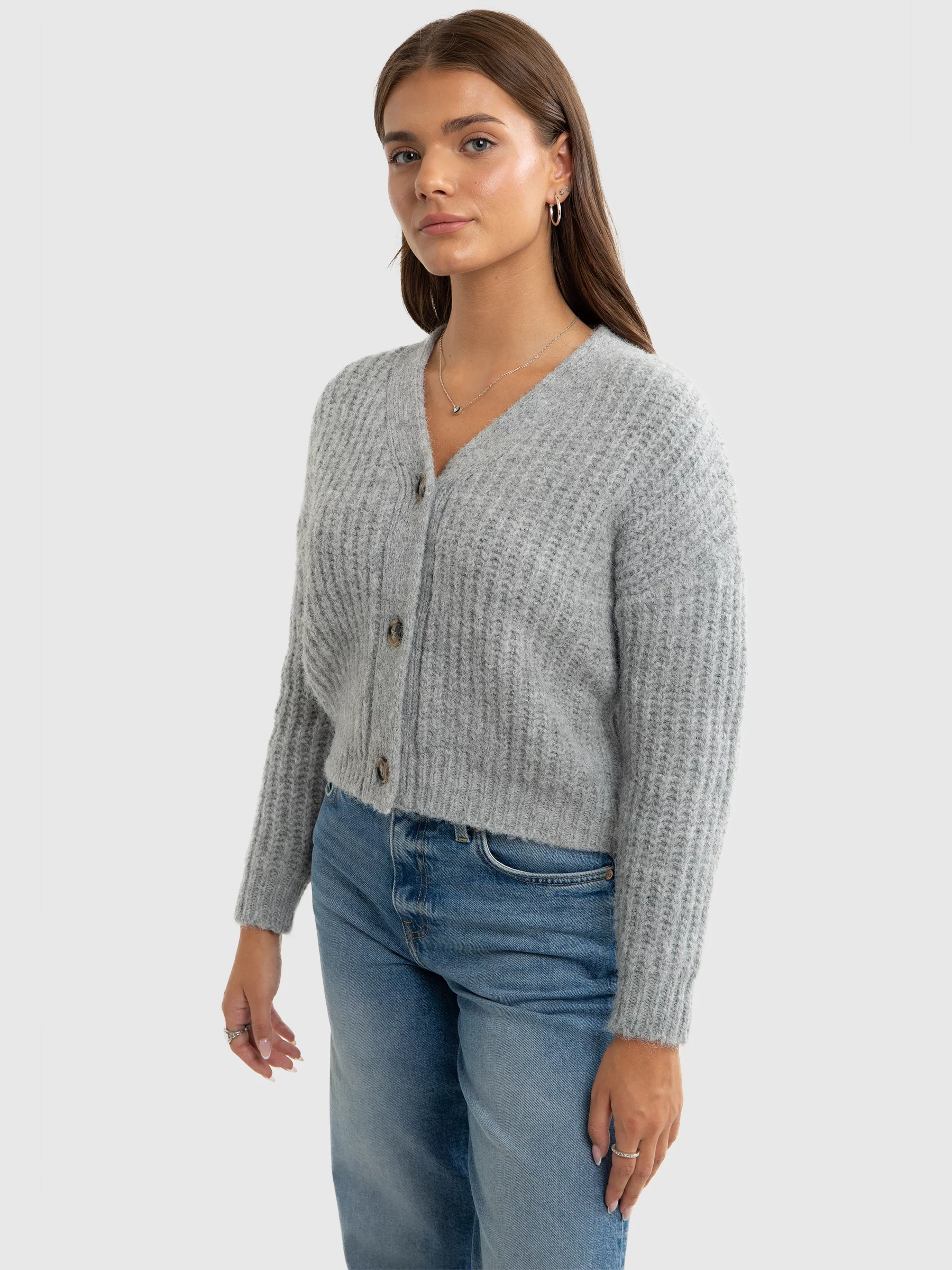 Sweter dziewczęcy kardigan z dodatkiem wełny szary Karda 901