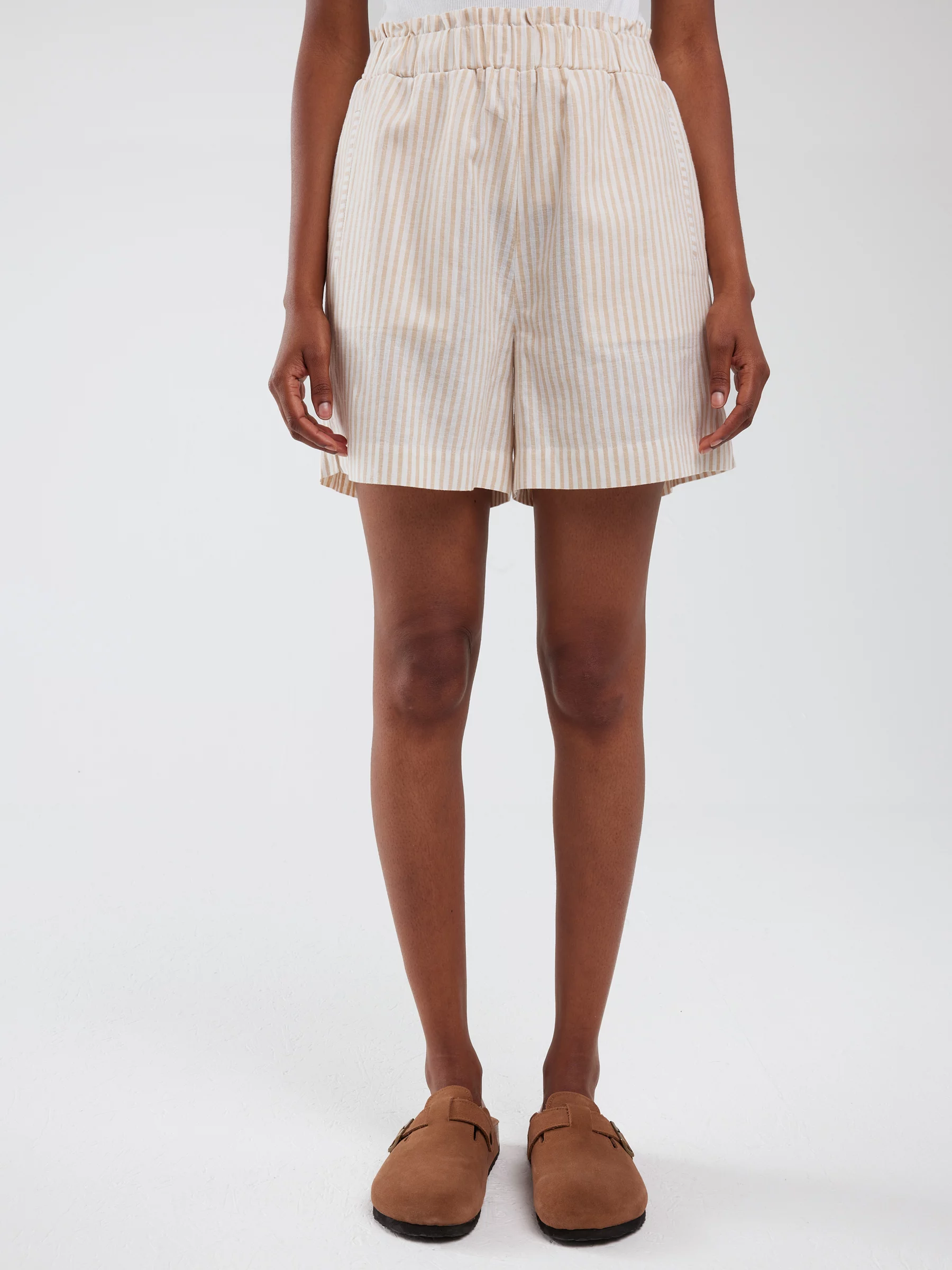 Szorty damskie lniane w prążek beżowe Endasi 805