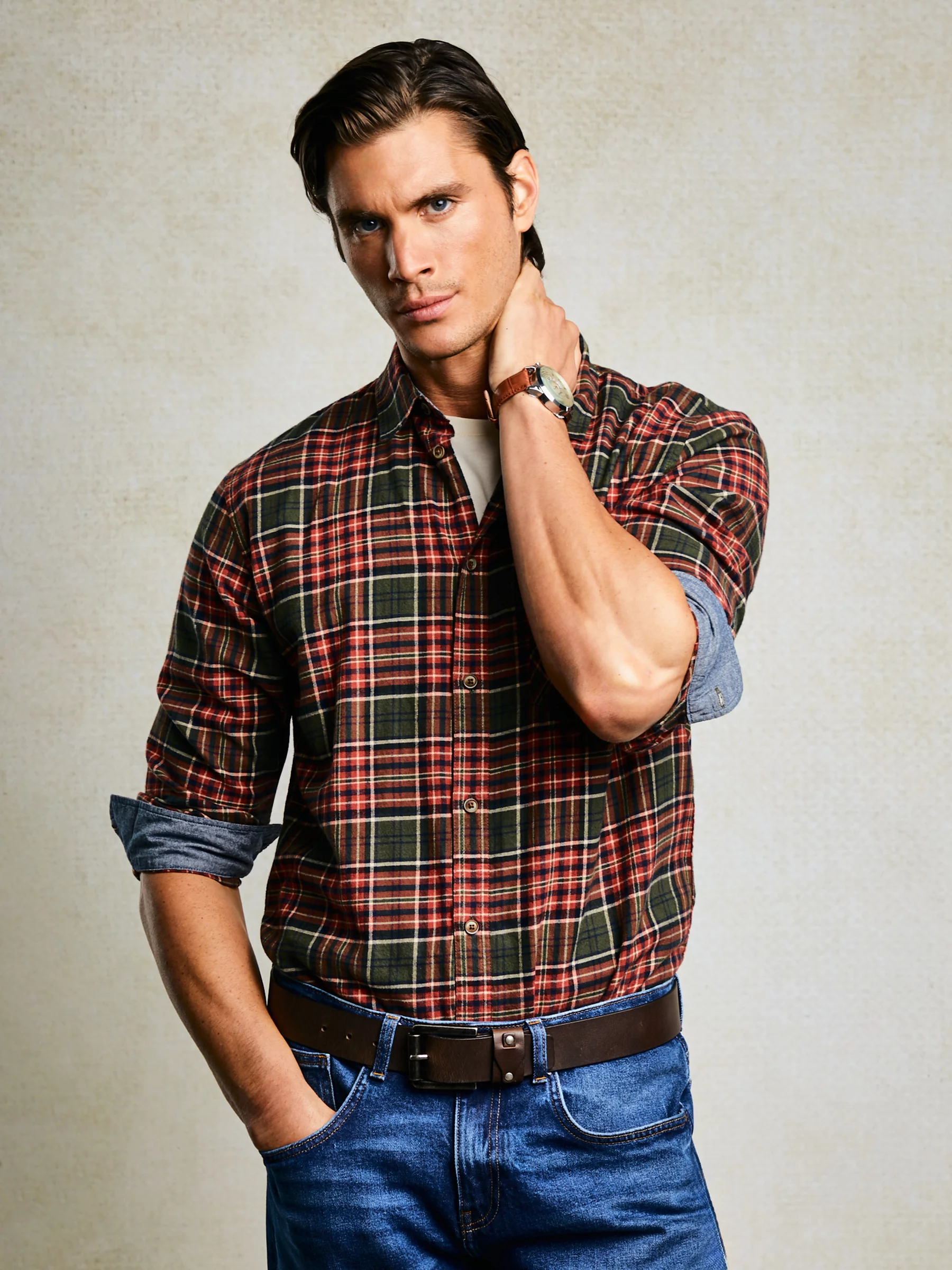 Koszula męska flanelowa w kratę bordowo-khaki Koner 303