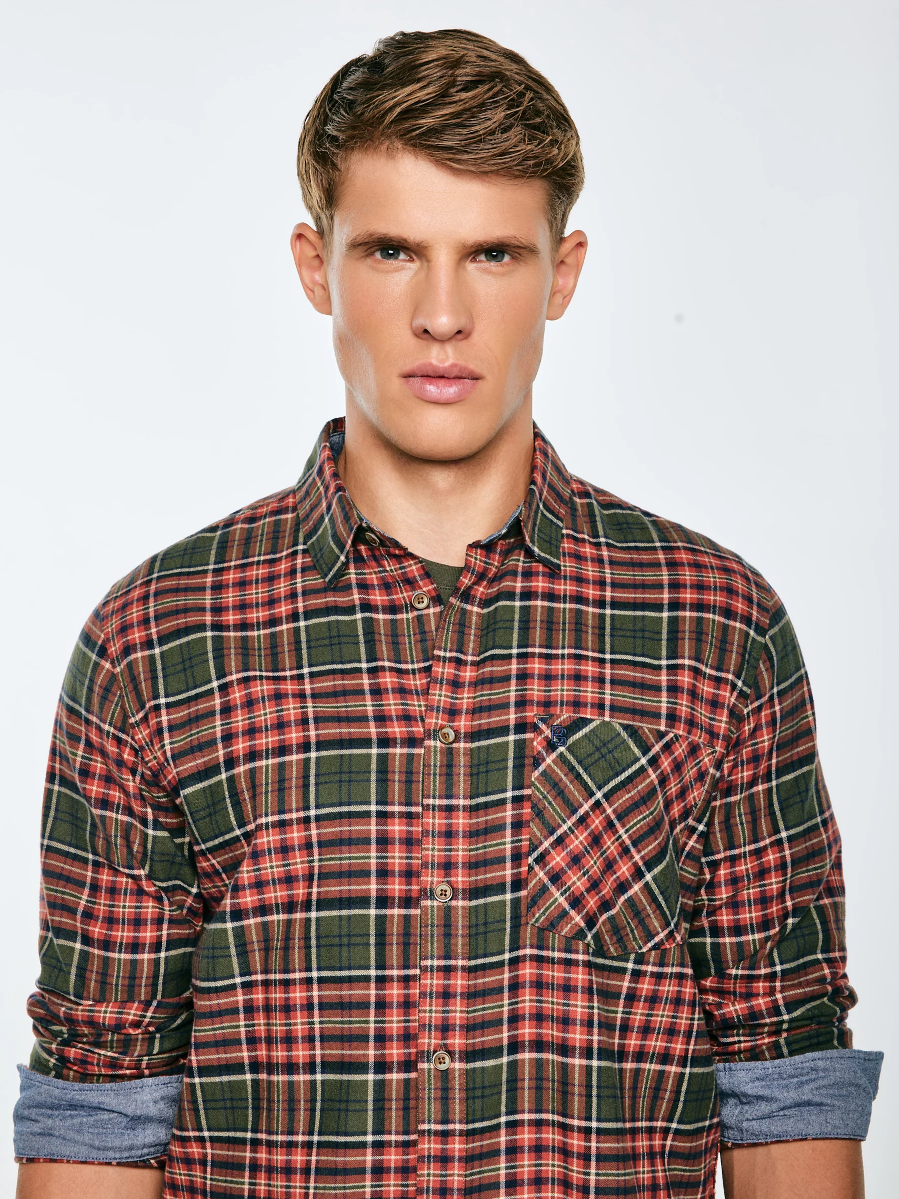 Koszula męska flanelowa w kratę bordowo-khaki Koner 303