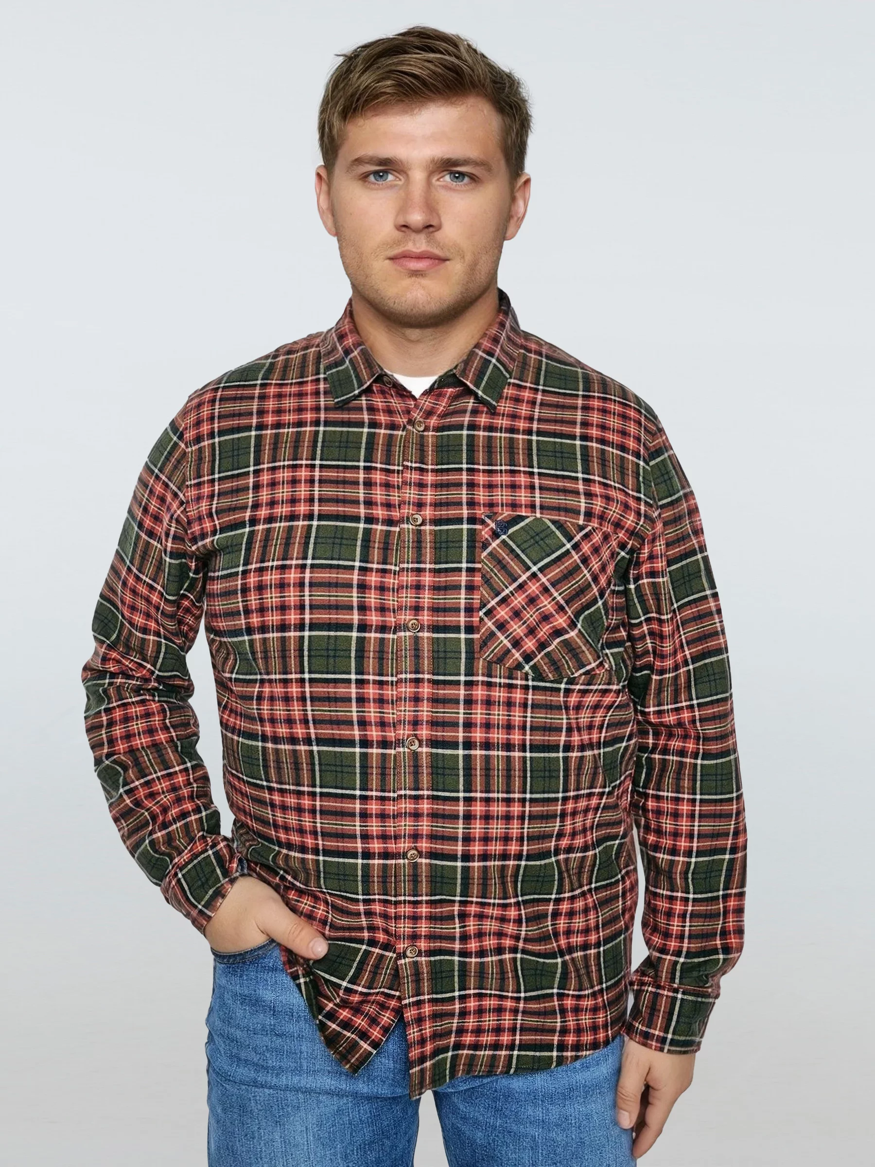 Koszula męska flanelowa w kratę bordowo-khaki Koner 303