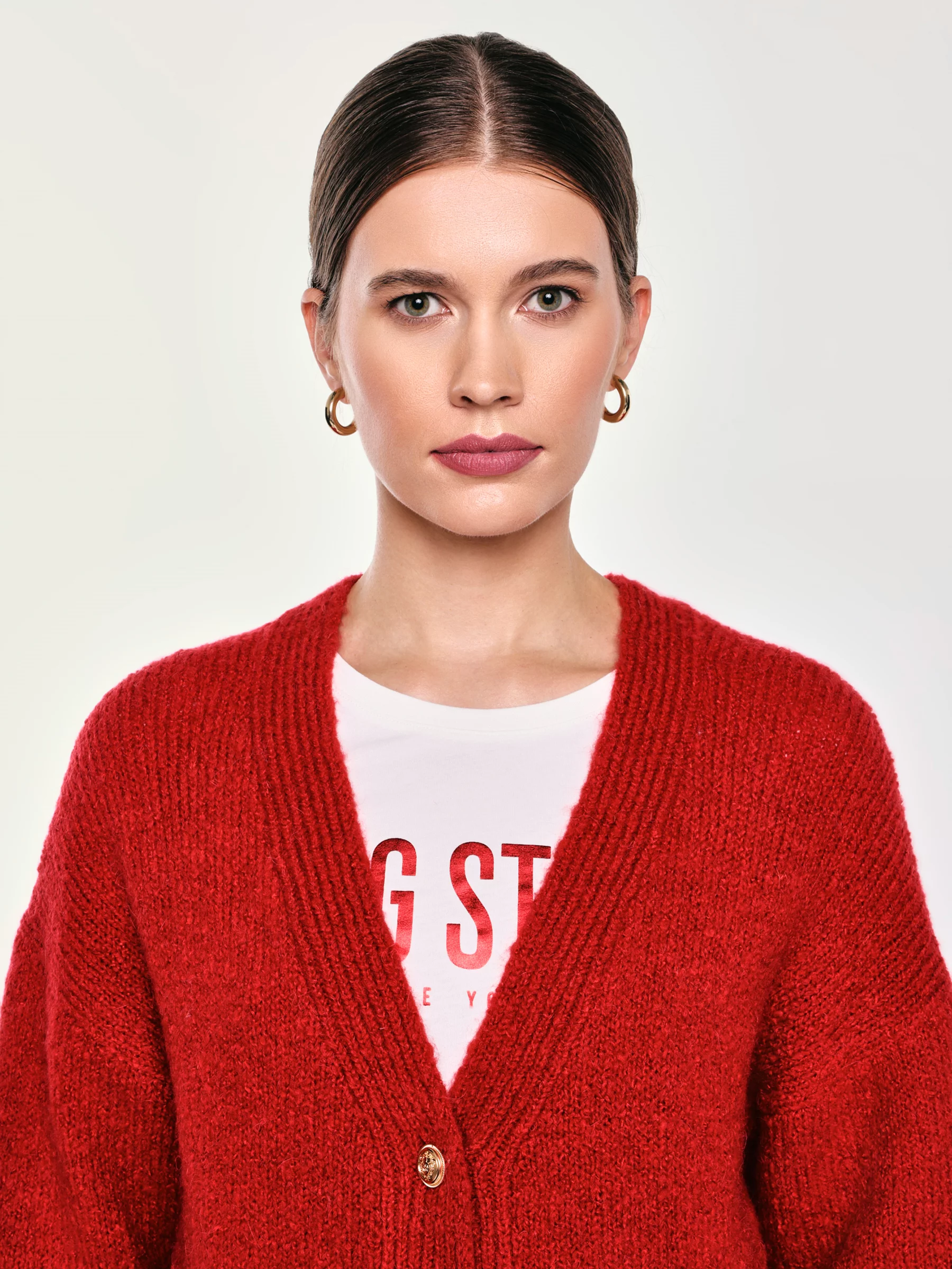 Kardigan damski z dodatkiem wełny czerwony Kardila 603