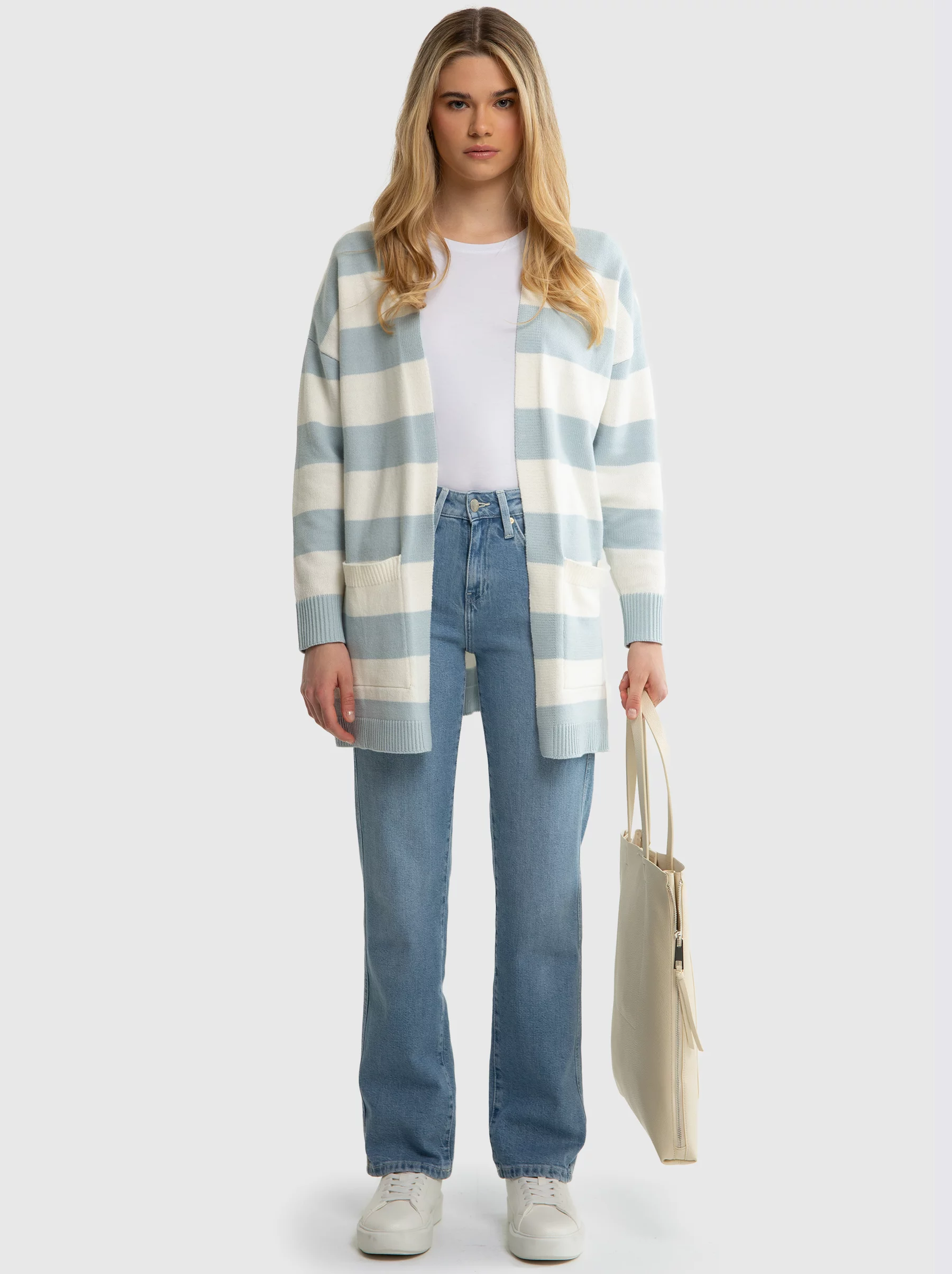 Sweter kardigan damski z kieszeniami w niebiesko-białe pasy Marilla 400