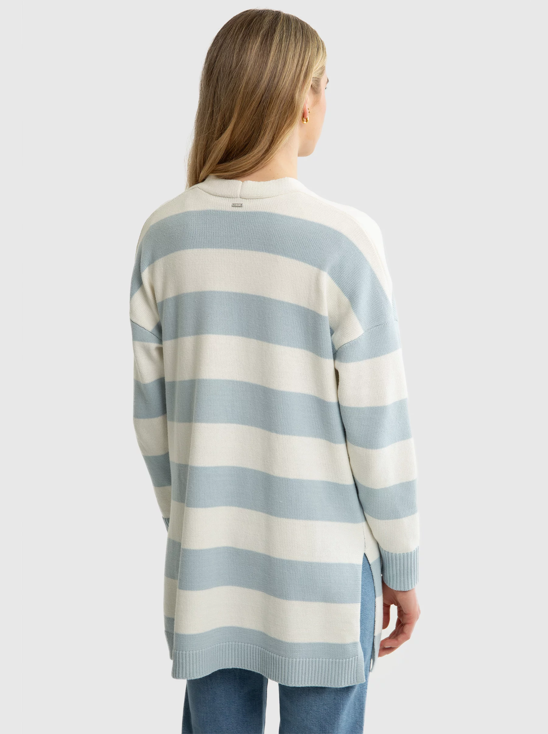 Sweter kardigan damski z kieszeniami w niebiesko-białe pasy Marilla 400