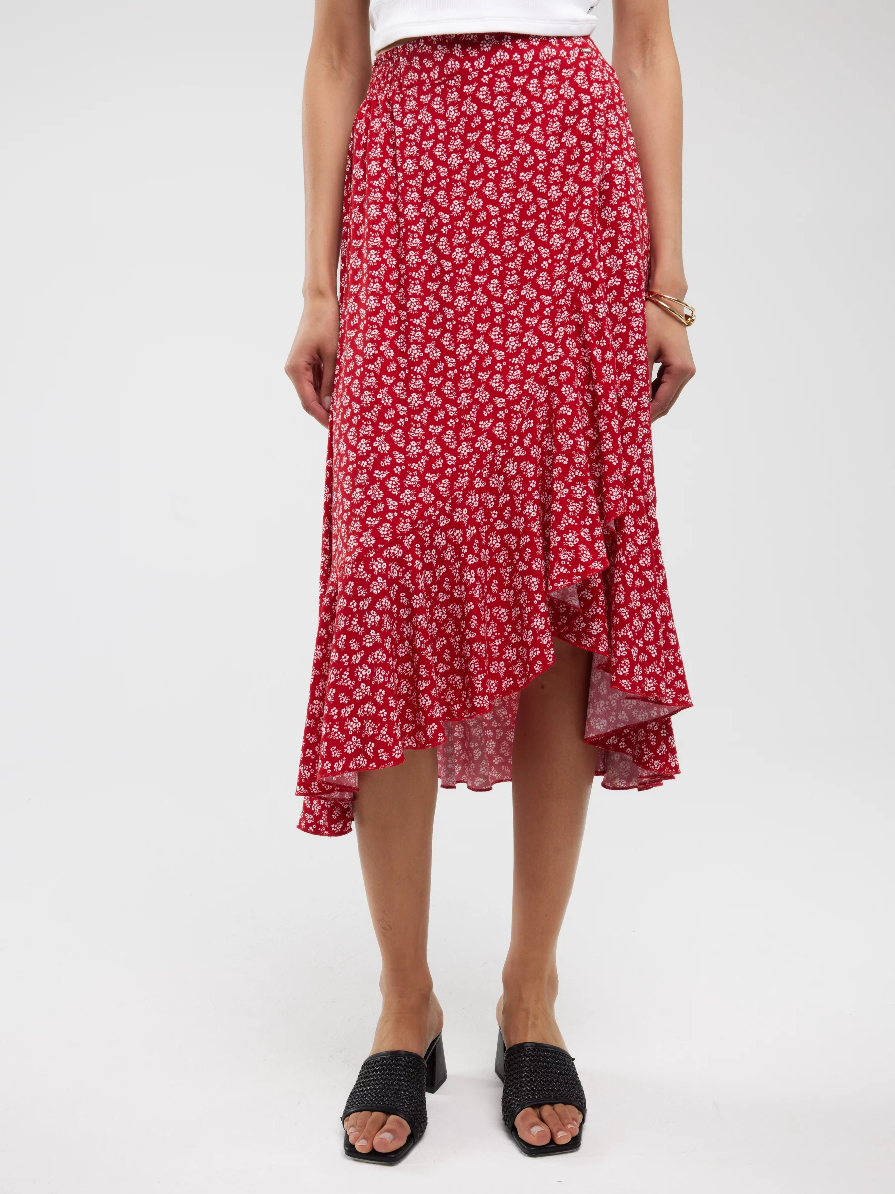 Spódnica damska midi z wiskozy z falbaną czerwona Tyla 603