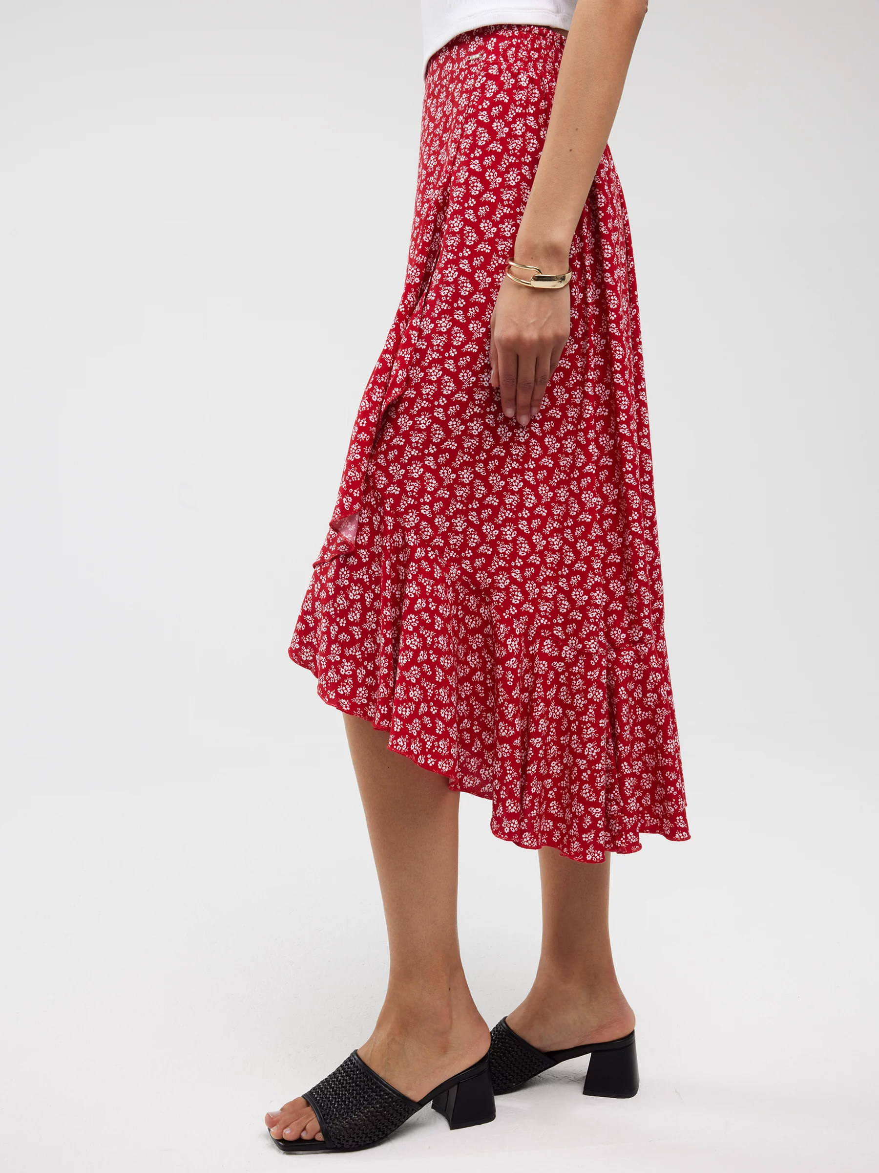 Spódnica damska midi z wiskozy z falbaną czerwona Tyla 603