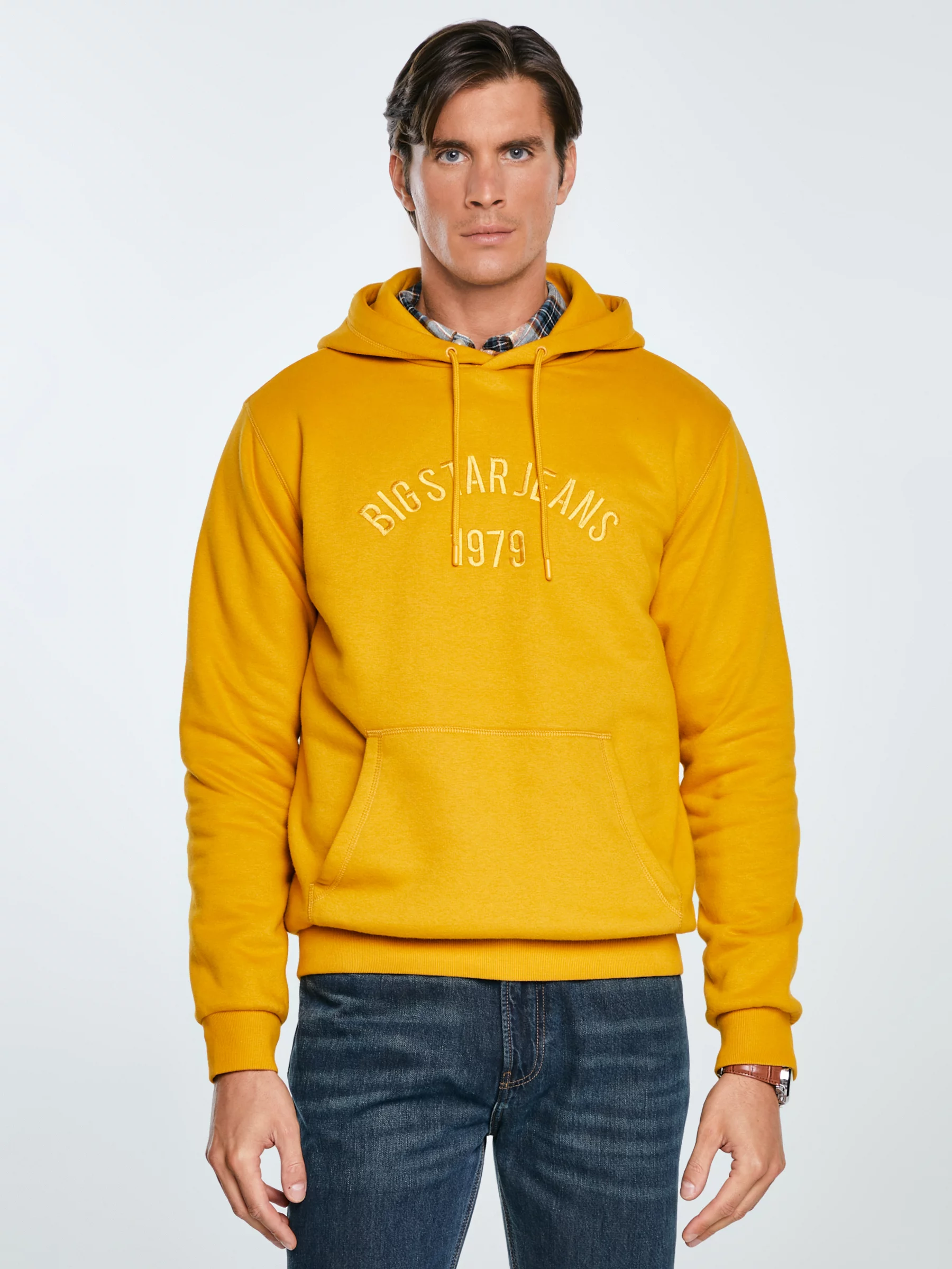 Bluza męska z haftem z kapturem żółta Aslan 203