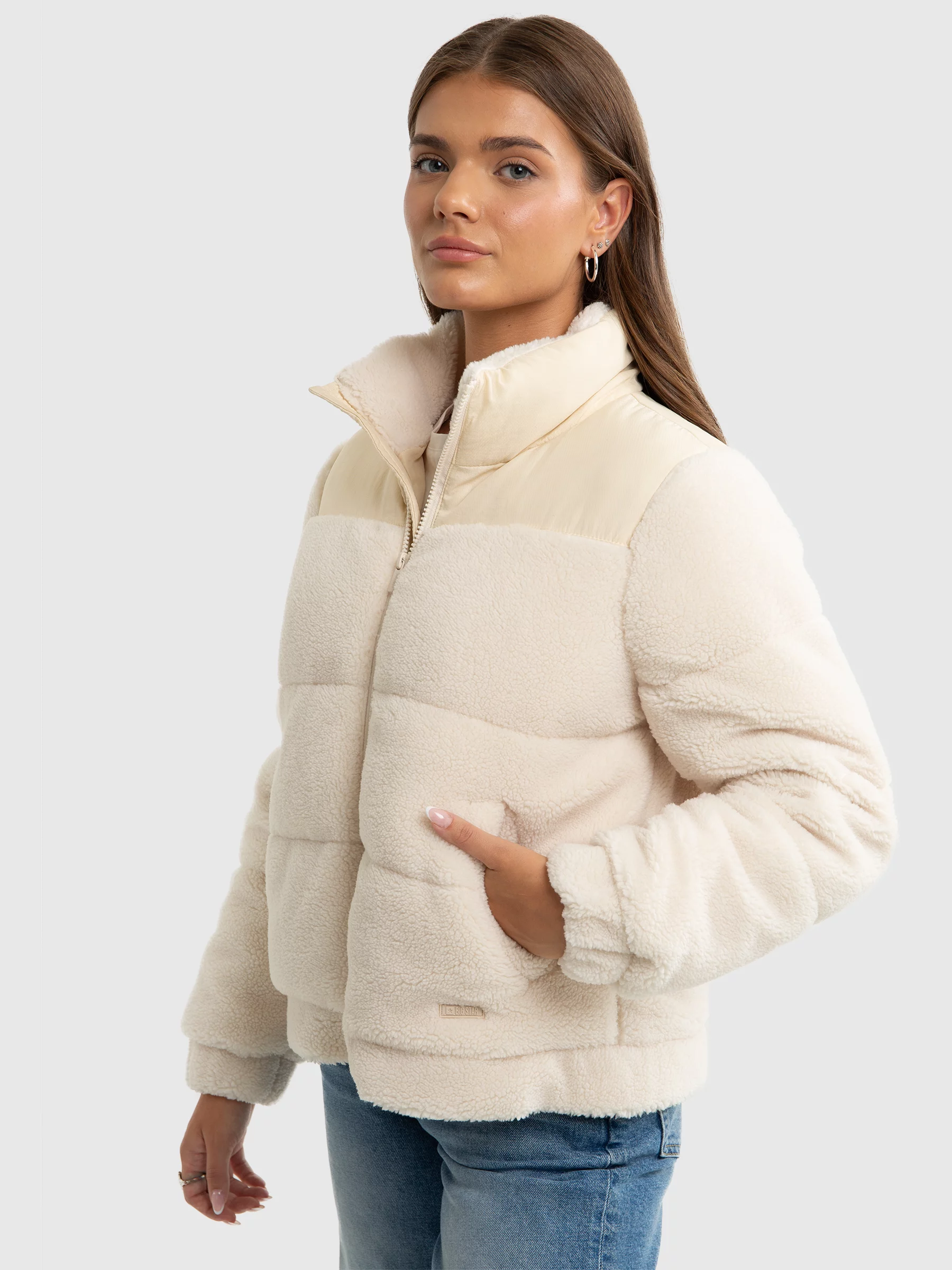 Kurtka dziewczęca z wysokim kołnierzem kremowa Teddi 103