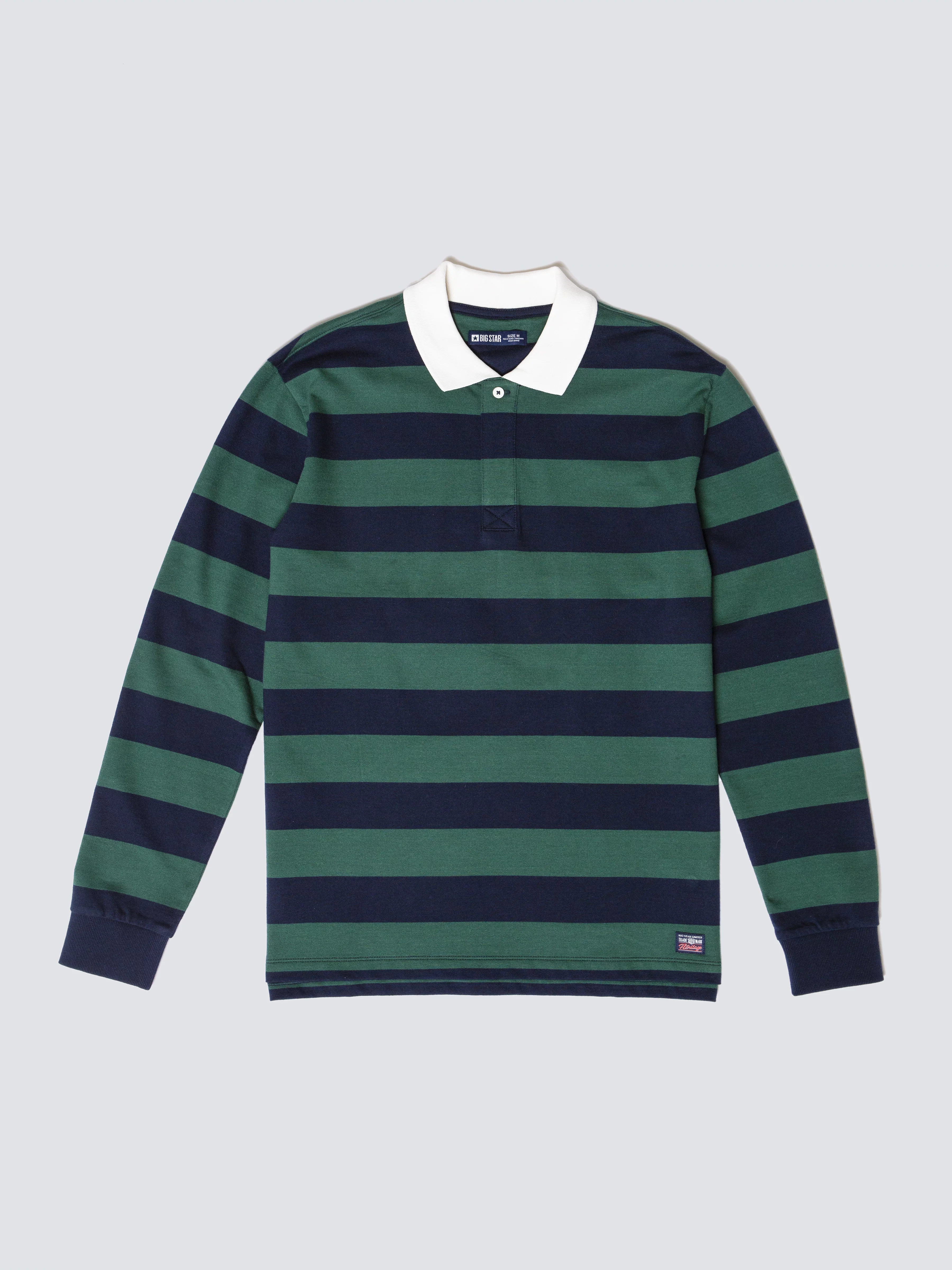 Koszulka męska polo z długim rękawem w pasy granatowo-zielona Miker 403