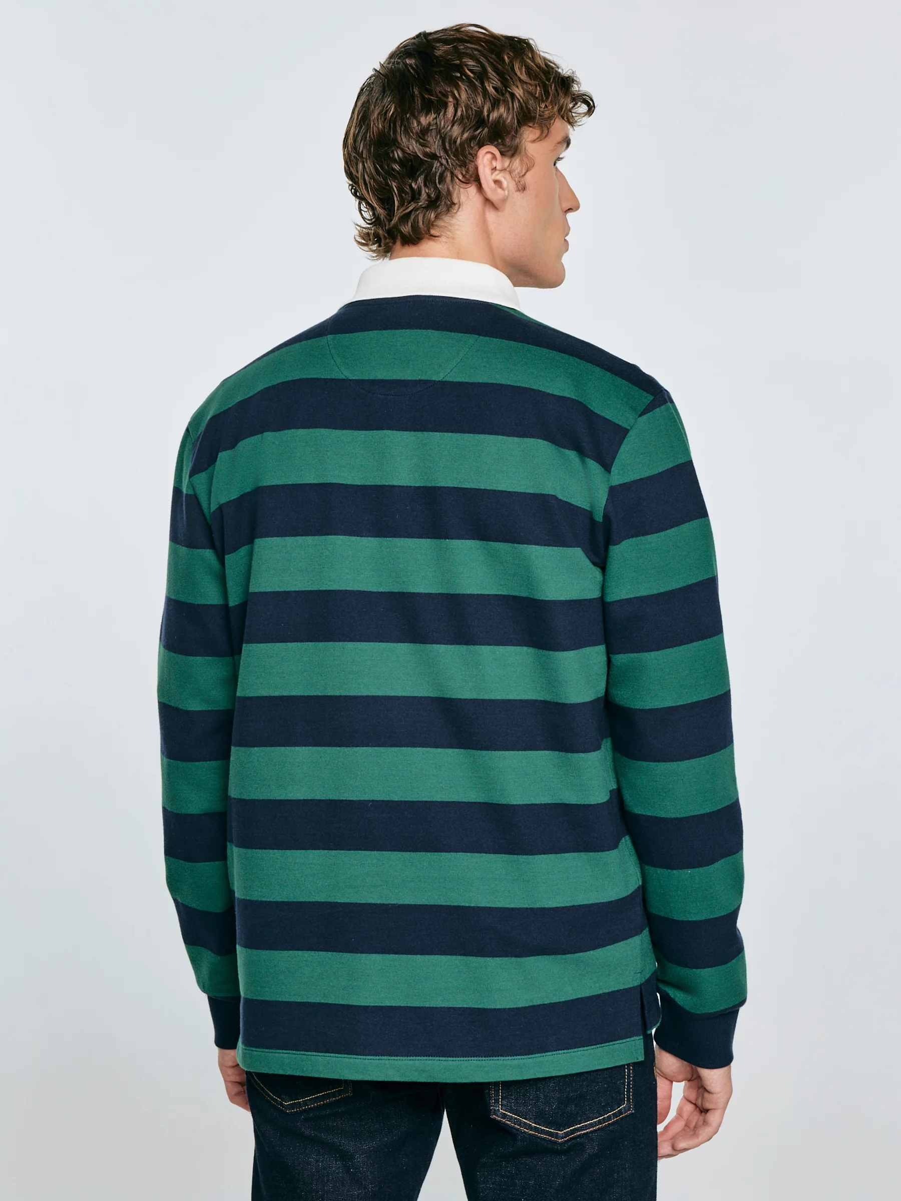 Koszulka męska polo z długim rękawem w pasy granatowo-zielona Miker 403