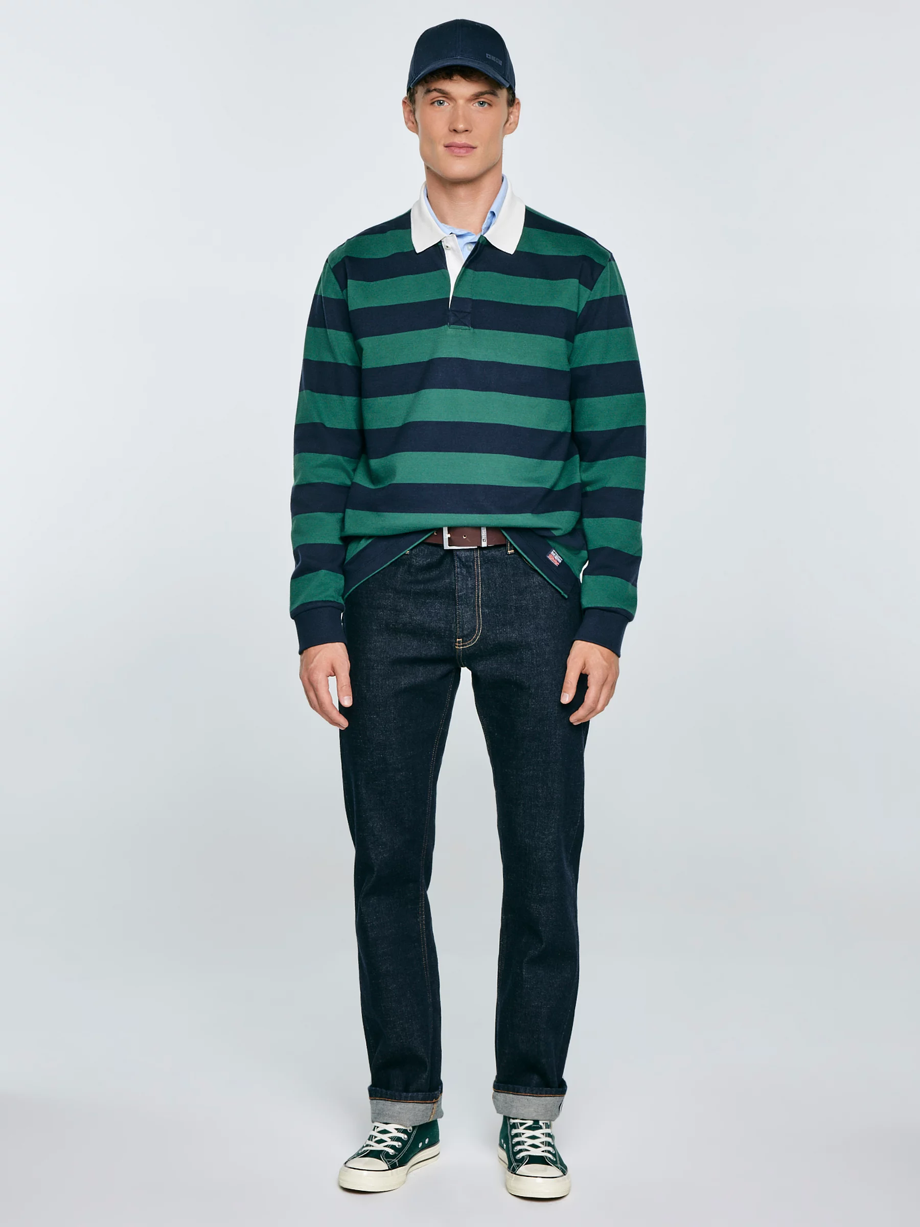 Koszulka męska polo z długim rękawem w pasy granatowo-zielona Miker 403